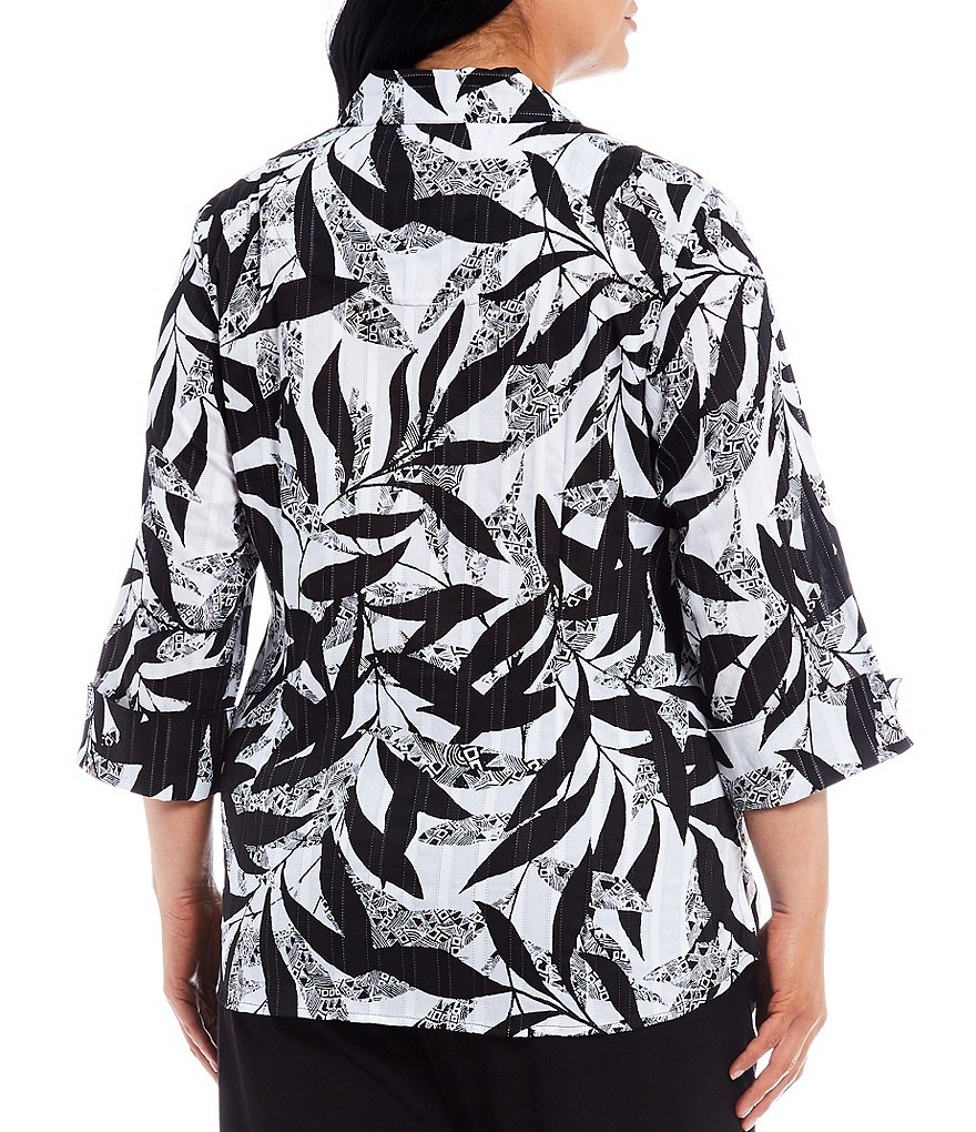 Allison Daley Plus Size Paradise Leaf Geo Print Point Collar Neck 3/4 Sleeve Flip-Cuff Button Front Cotton Shirt