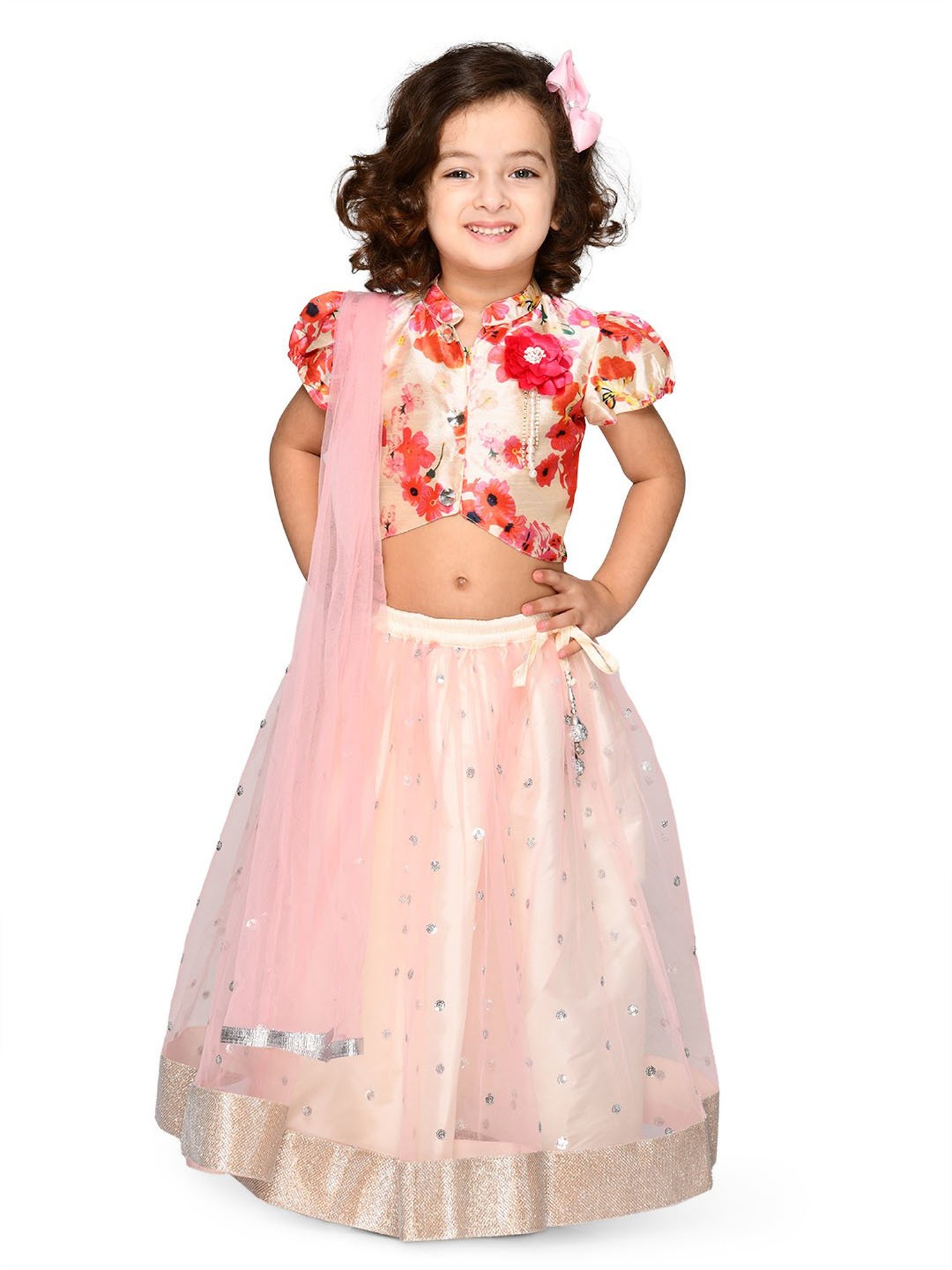 Saka Designs Kids Pink & Ivory Floral Print Lehenga with Choli & Dupatta