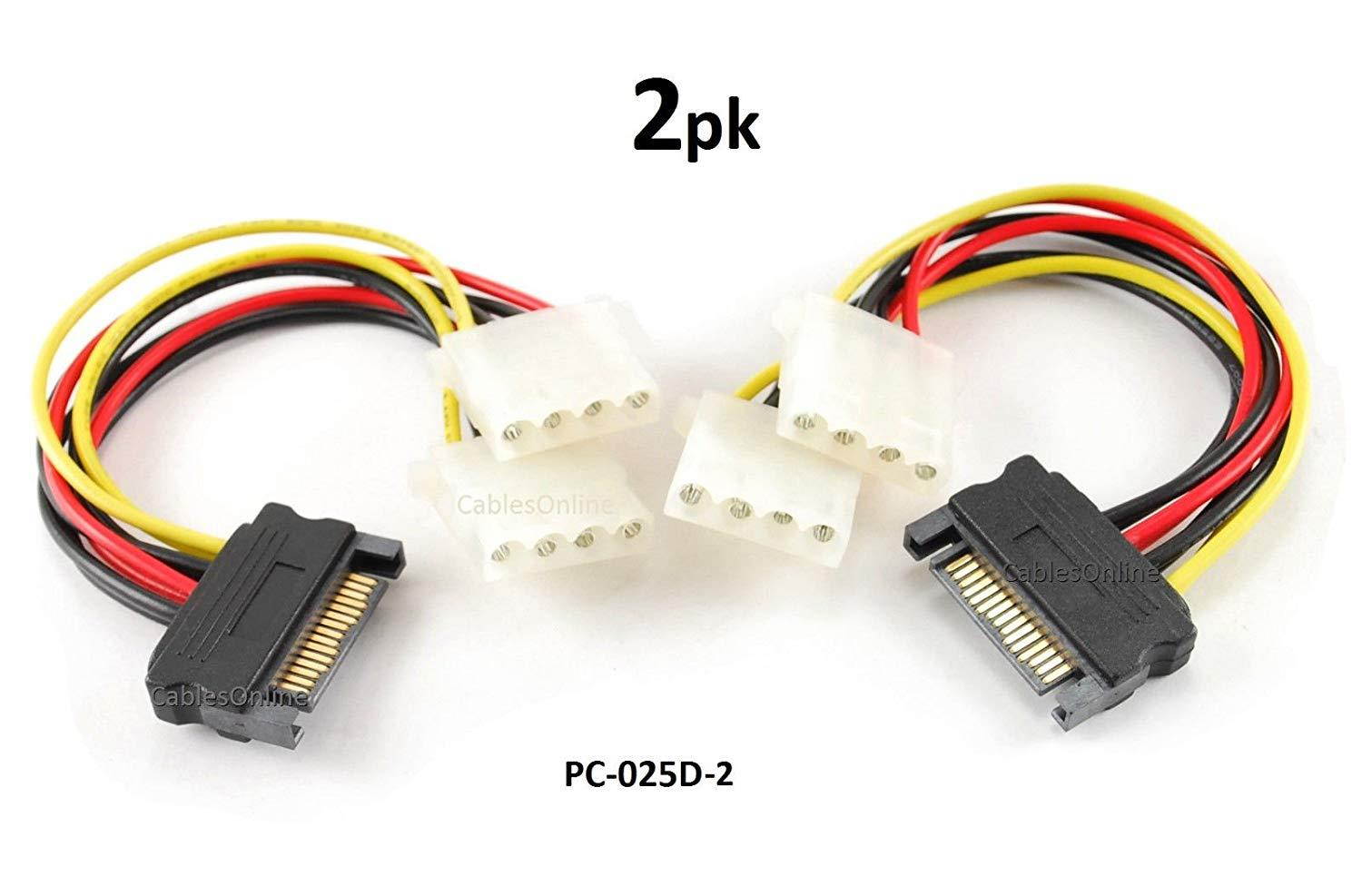 CablesOnline 2-PACK 6in SATA 15-Pin Male to Dual 4-Pin Molex Y Power Splitter - PC-025D-2