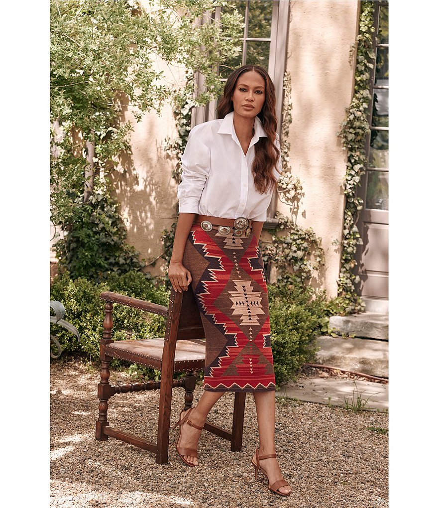 Lauren Ralph Lauren Petite Size Southwestern Print Cotton Blend Midi Skirt