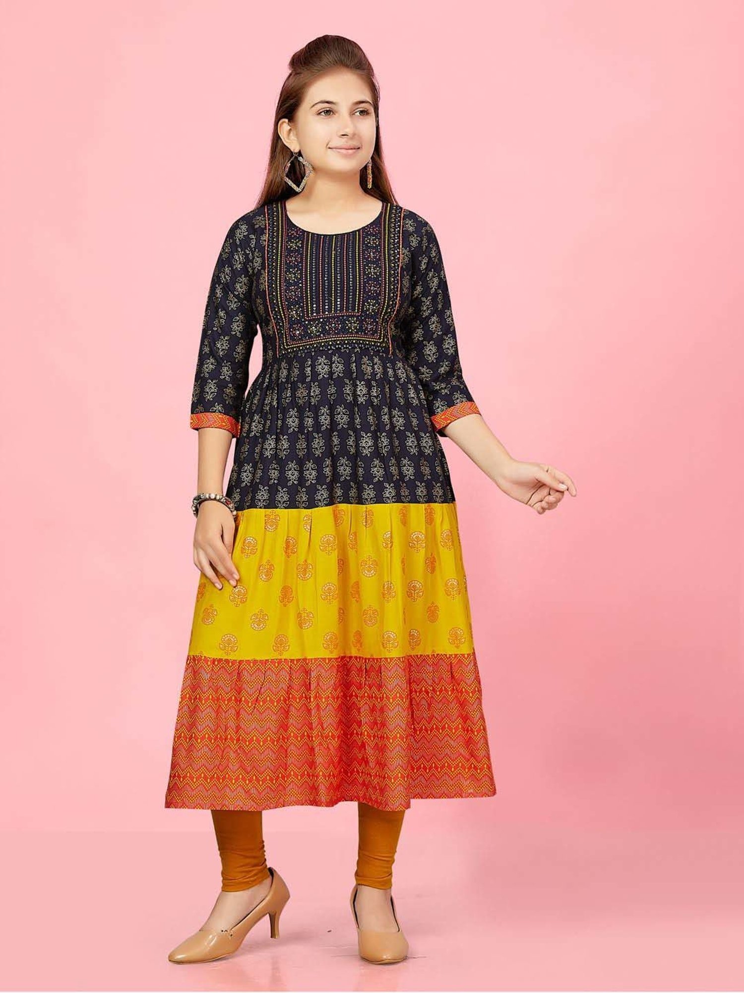 Aarika Kids Navy & Yellow Cotton Embroidered Kurti