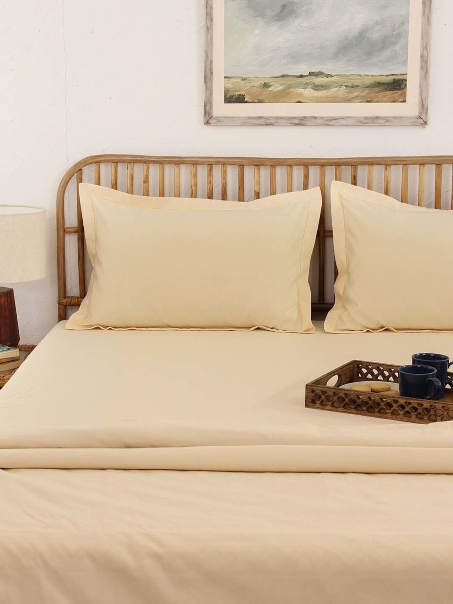 House This Ginger Beige Cotton 600 TC Double Size Bedsheet With Pillow Covers