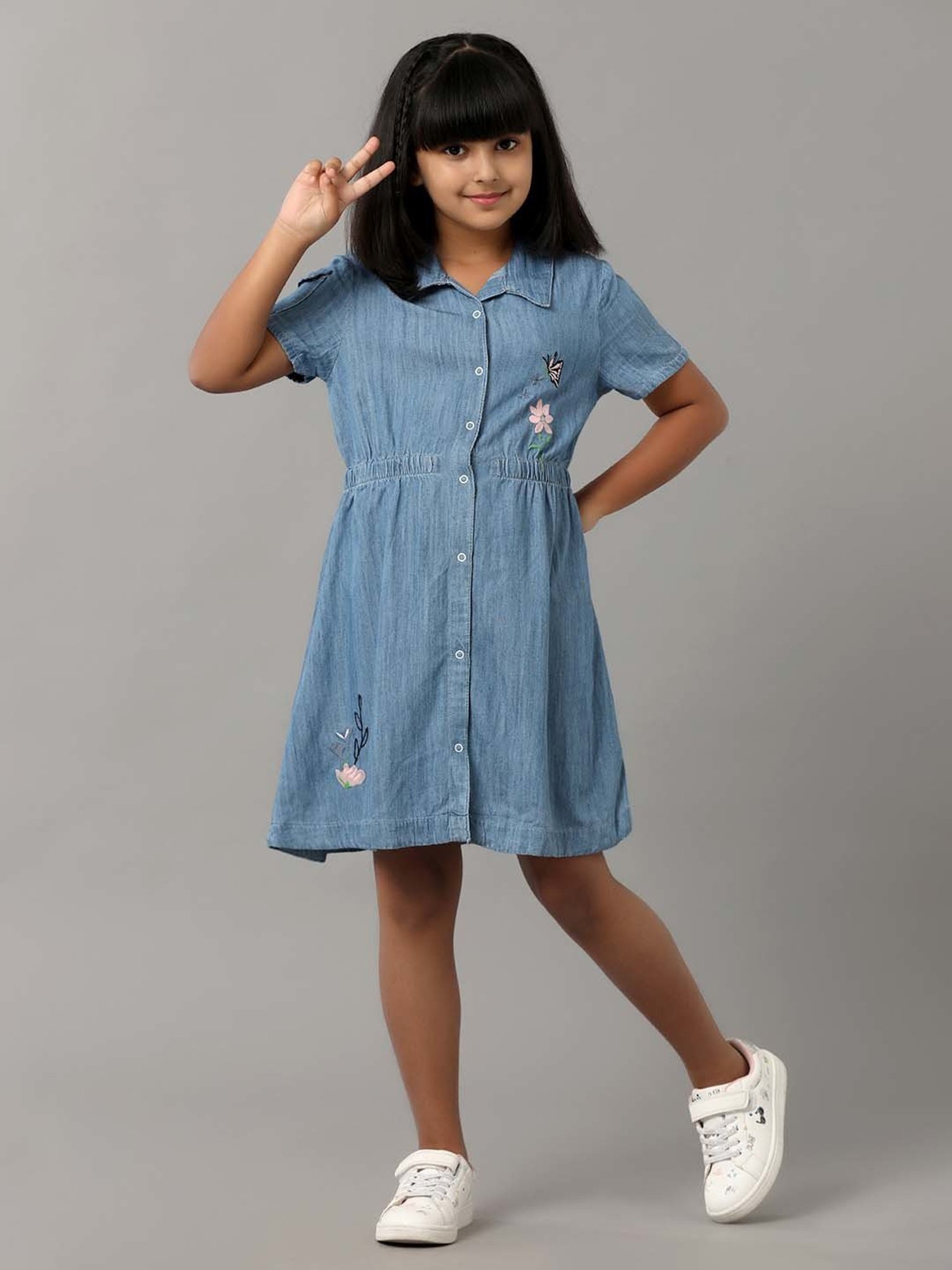 Under Fourteen Only Kids Blue Cotton Embroidered Dress