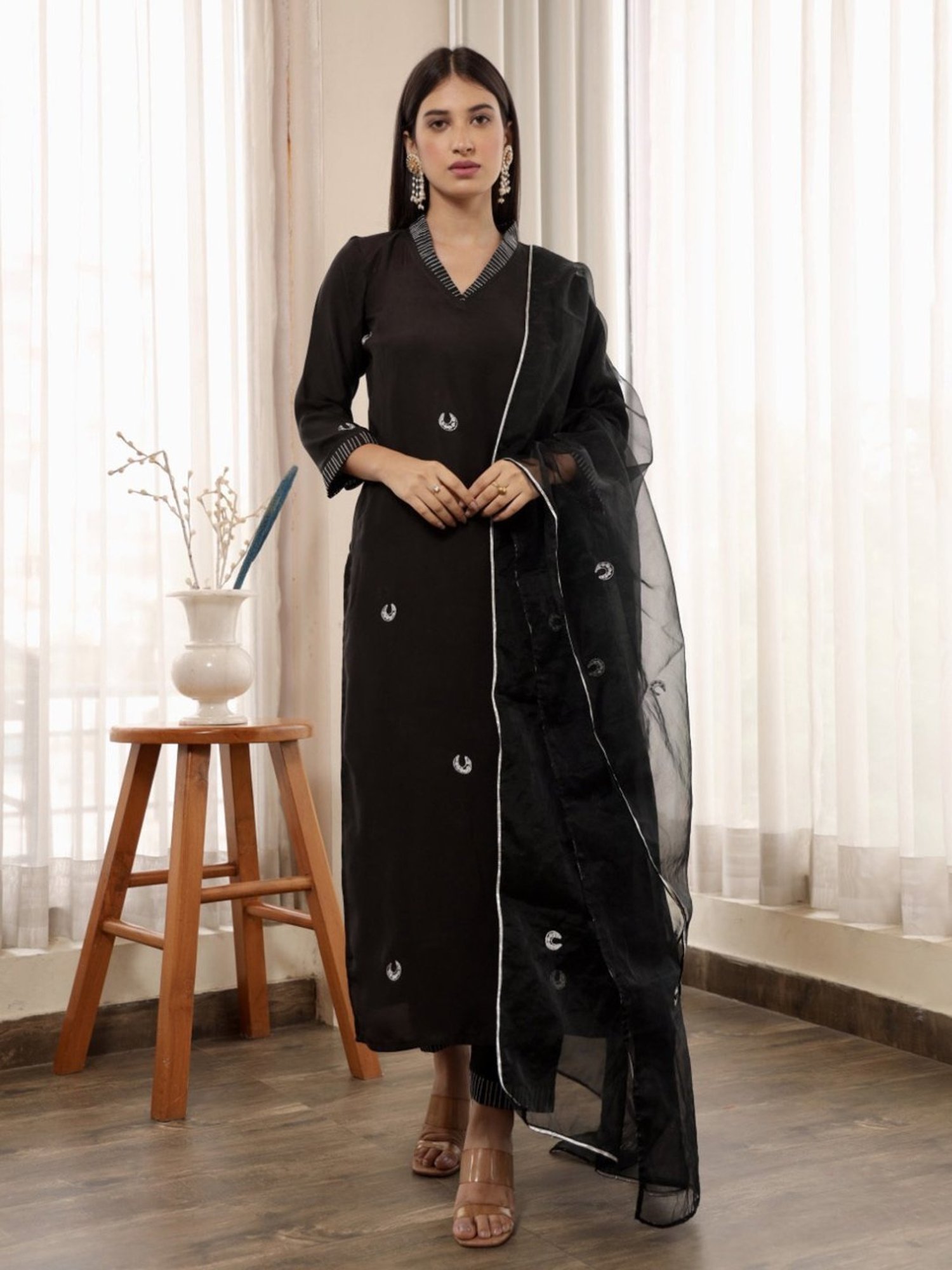 Asrumo Black Adah Monsoon Chand Embellished Muslin Straight Kurta with Pant and Dupatta Set