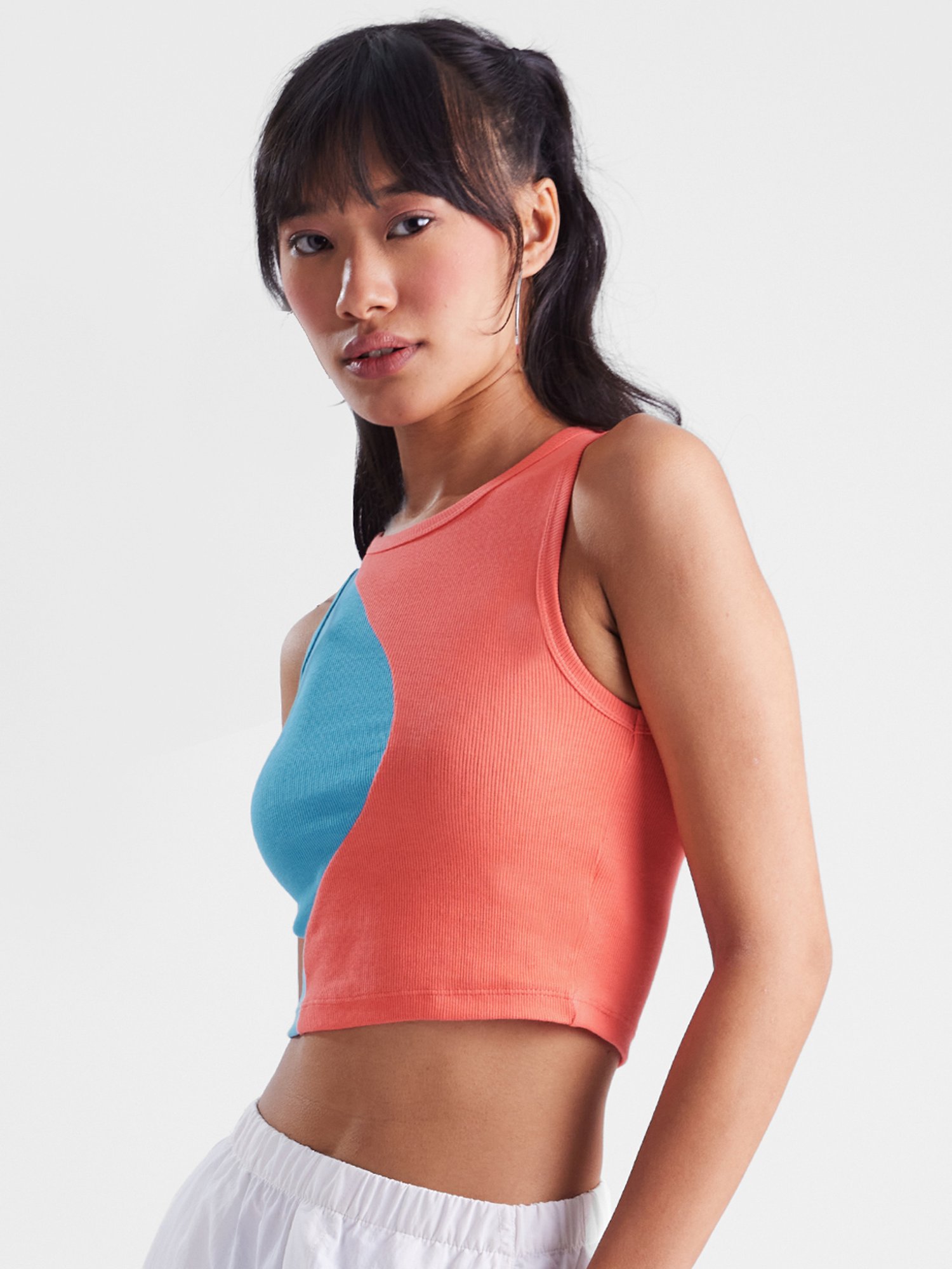 The Souled Store Blue & Peach Cotton Color-Block Tank Top