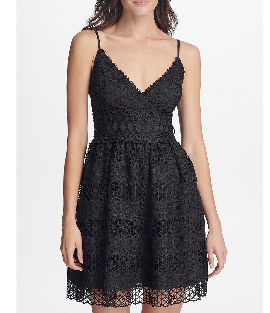 Guess Striped Lace Fit and Flare V-Neck Dress