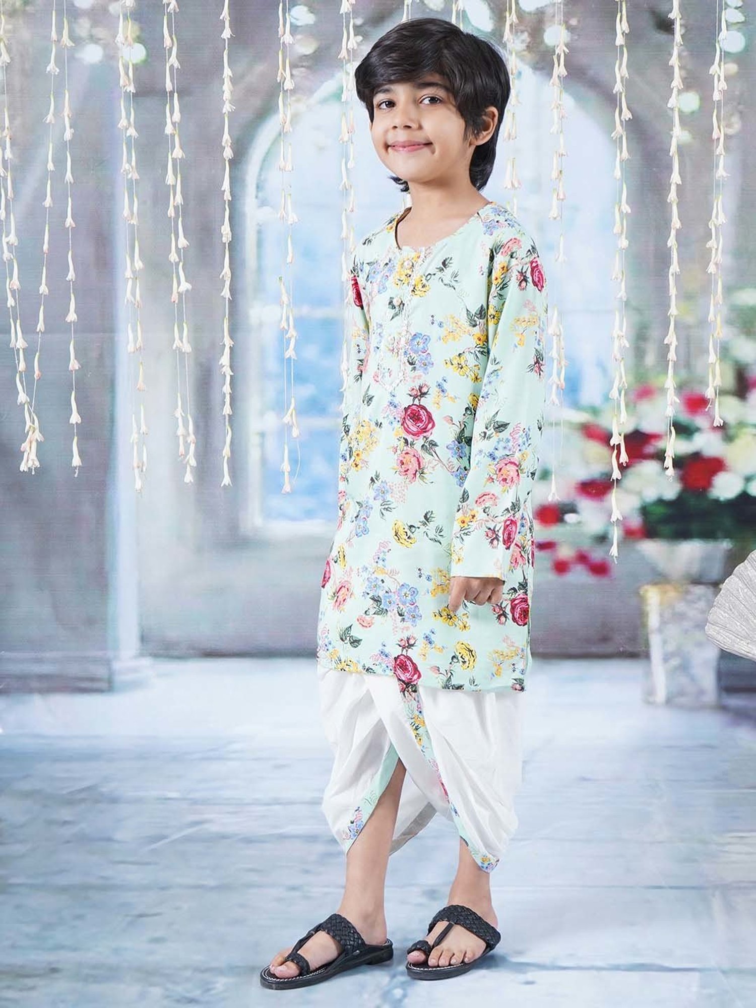 Little Bansi Green & White Cotton Floral Print Full Sleeves Kurta Set