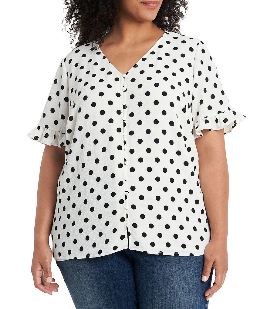 CeCe Plus Size V-Neck Ruffled Short Sleeve Disco Dot Button Front Blouse