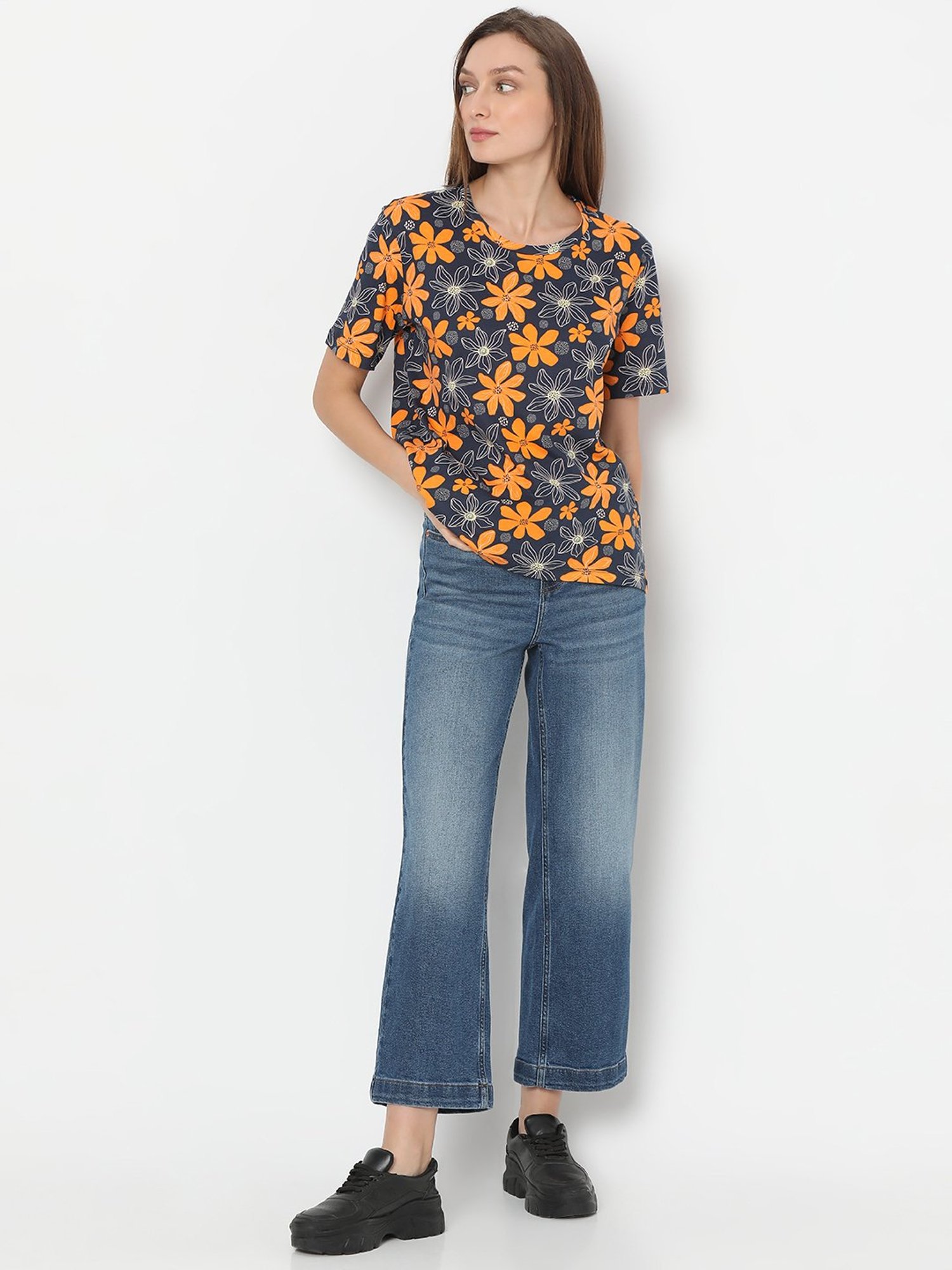 Vero Moda Blue & Yellow Cotton Floral Print T-Shirt