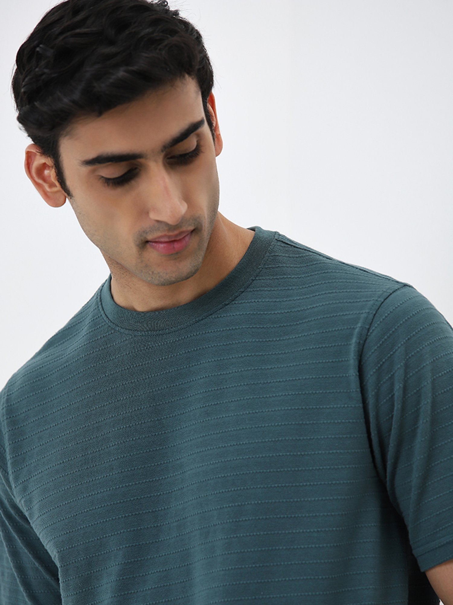 WES Lounge by Westside Dark Sage Self-Stripe Relaxed-Fit Cotton T-Shirt