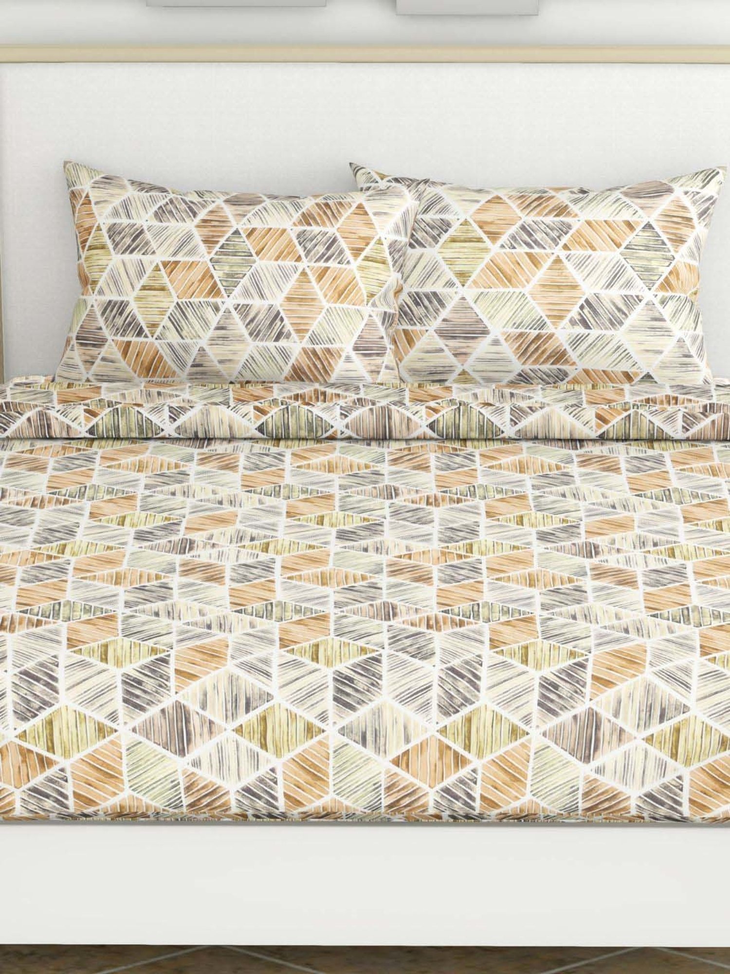 Haus & Kinder Yellow Cotton 186 TC Prism Delight Printed Double Bedsheet with 2 Pillow Covers