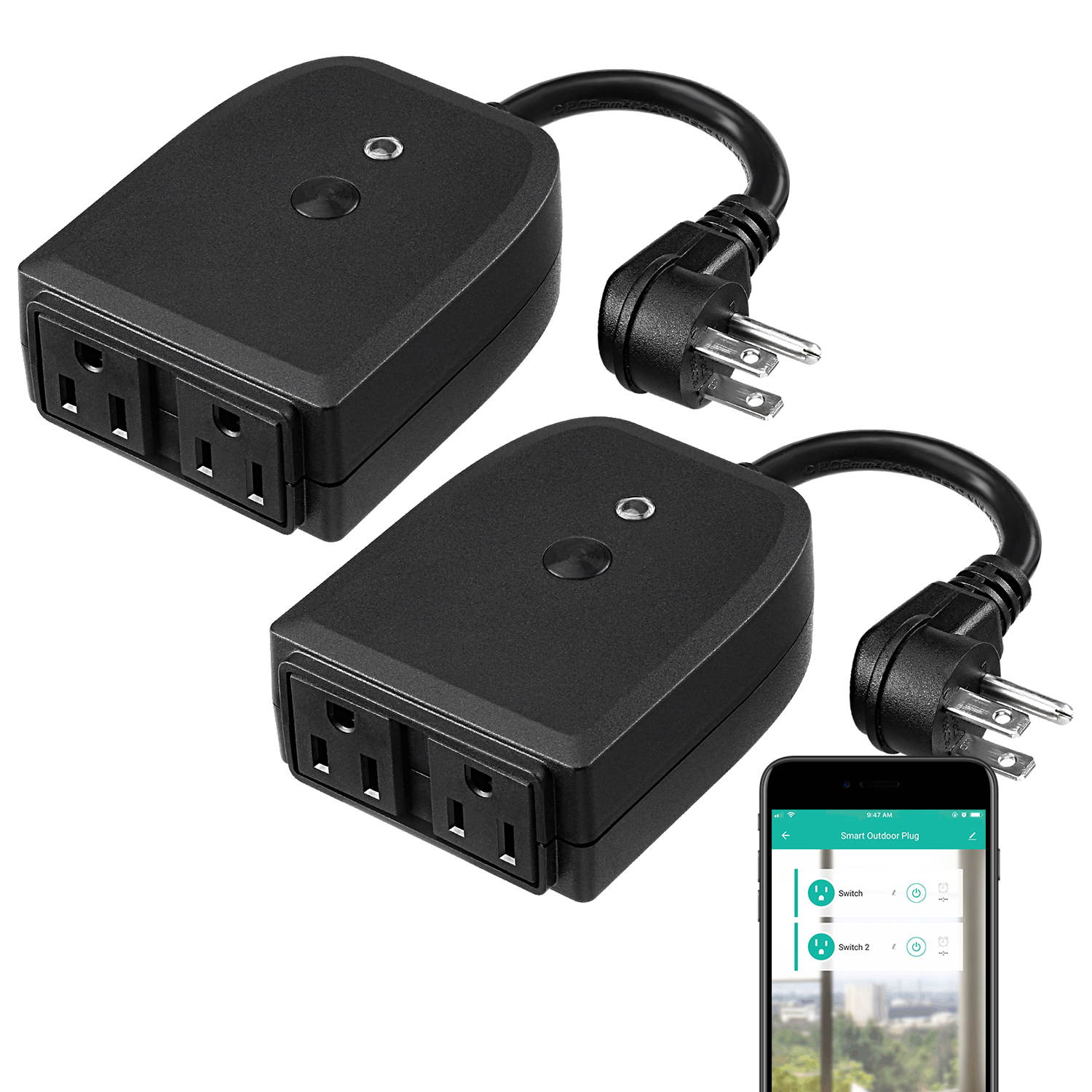 LITEdge Waterproof Smart Plug, 2-in-1 Outdoor WiFi Plug Power Outlet, Compatible with Google Home & Alexa, APP Wireless Remote Control Smart Outlet Socket, Pack of 2