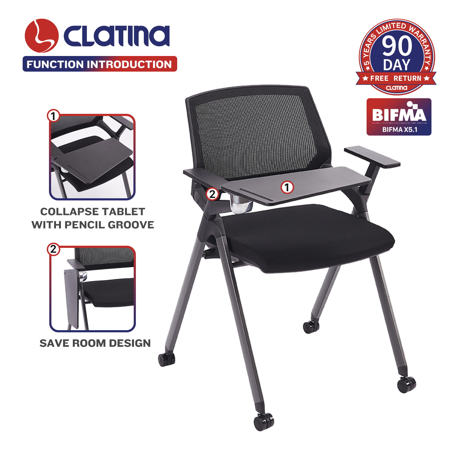 CLATINA Tablet Arm Chair with Caster Wheels Mesh Guest Nesting Stacking for Office School Classroom Training Conference Waiting Room Gray