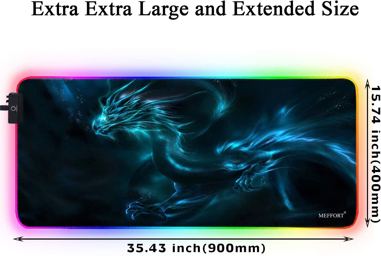 Meffort Inc RGB Gaming Mouse Pad - Extra Large XXL LED Gaming Mouse Mat with Custom Design Stitched Edges 35.4 x 15.7 Inches - Blue Dragon
