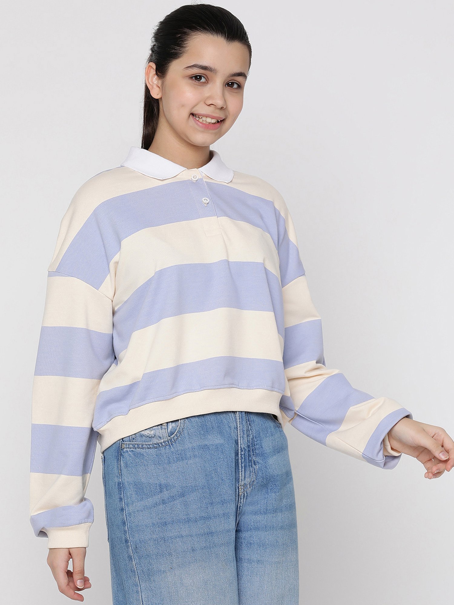 Lil Tomatoes Kids Blue & Cream Striped Full Sleeves Sweatshirt