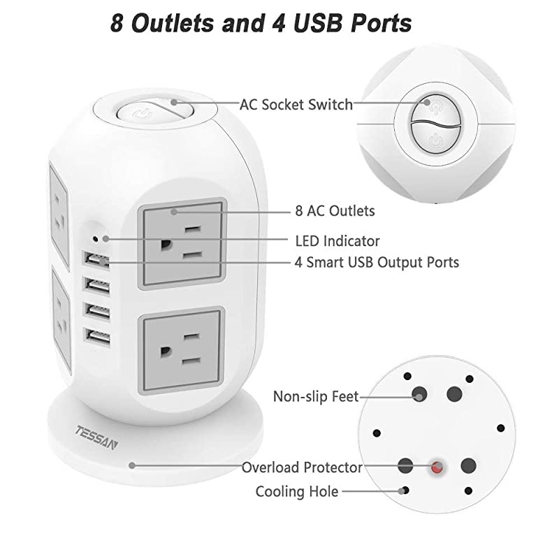 Power Strip Tower  Surge Protector 8 AC Outlets with 4 USB Ports Charging Station Long Extension Cord 10 Feet, Widely Spaced Multi Outlets, Circuit Breaker Safeguard for Home Office Dorm Room