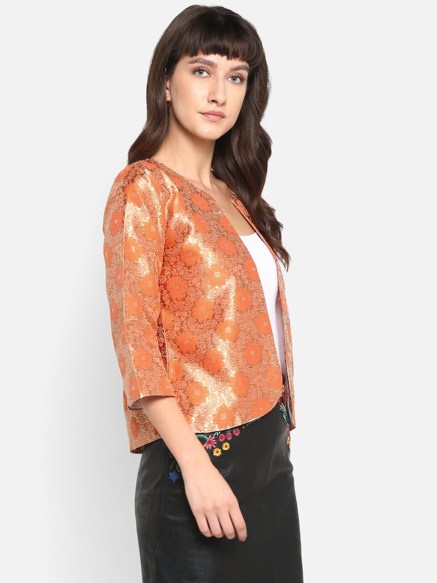 Hangup Orange Jacquard Pattern Shrug