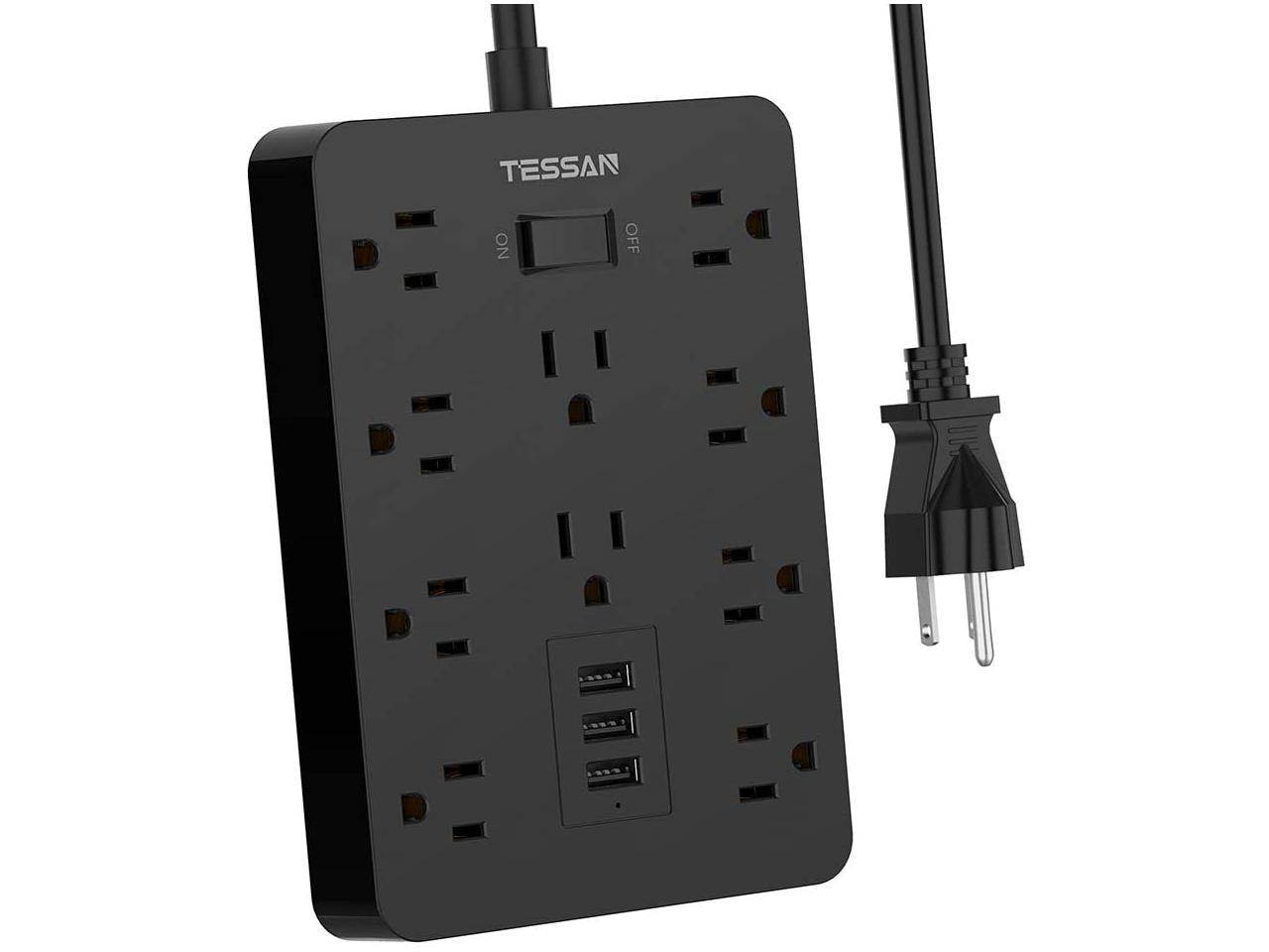 Power Strip, TESSAN Mountable Extension Cord with 3 USB Charger, 10 Widely Spaced AC Outlets, 1875W/15A 4FT Cord, Built-in Security Module Safeguard Home and Office Devices, Black