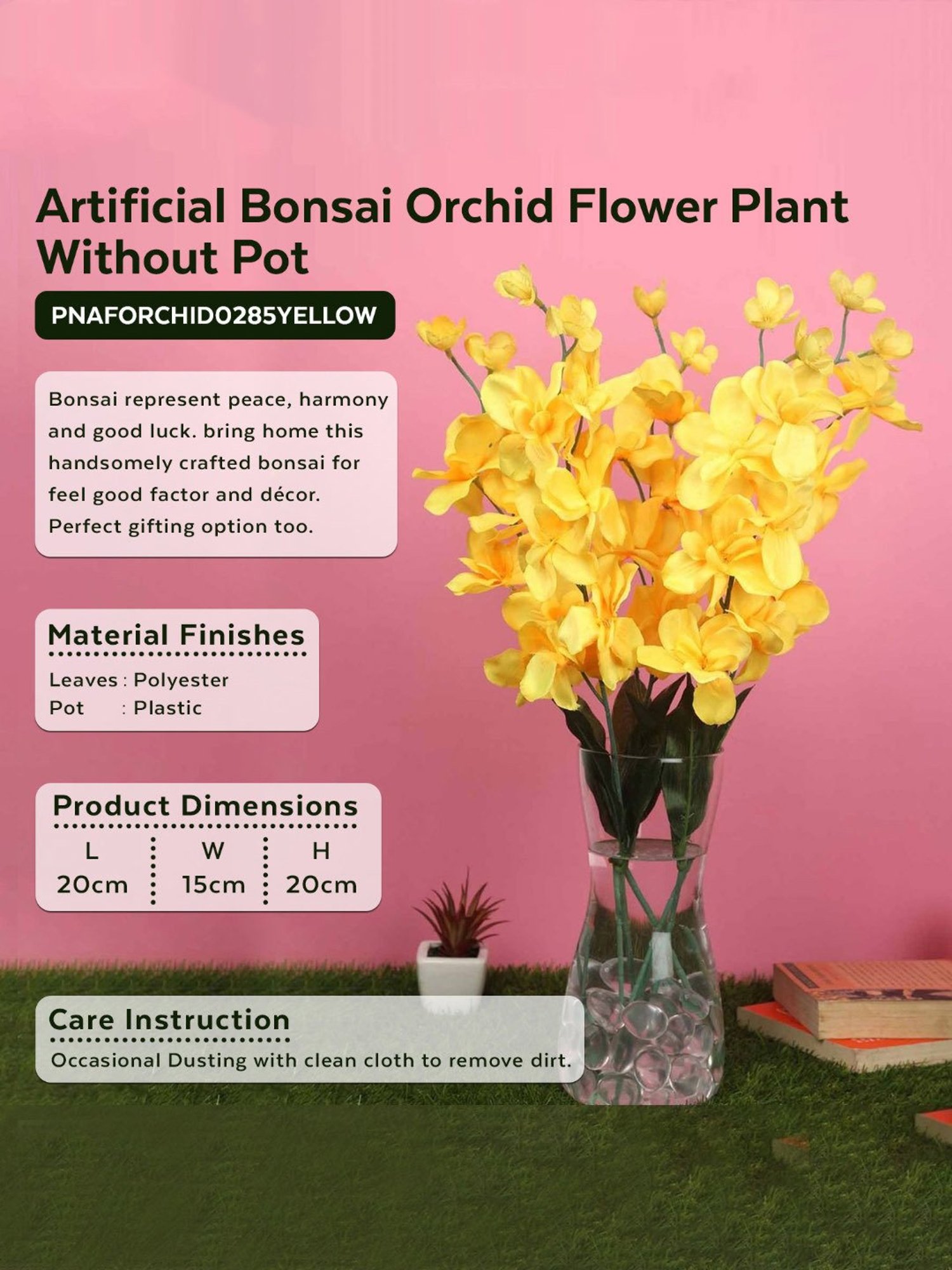 Amflix Yellow Artificial Bonsai Orchid Flower Plant Without Pot