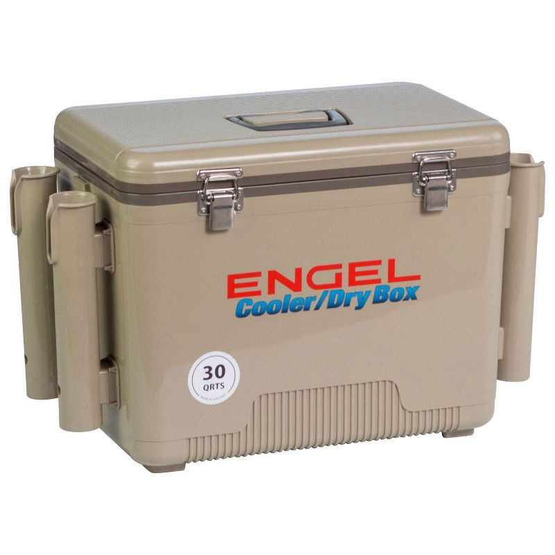Engel 30-Quart 48 Can Portable Leak-Proof Compact Lightweight Insulated Airtight Hard Drybox Cooler with 4 Rod Holders for Fishing, and Camping, Tan