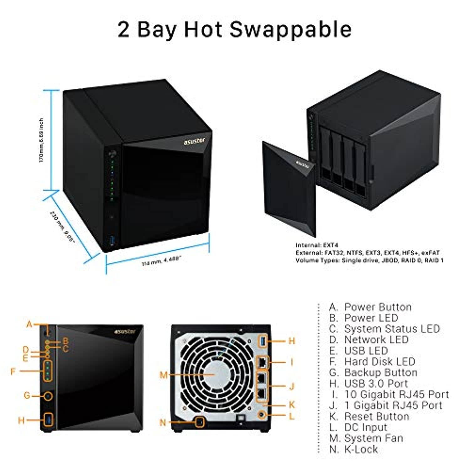 Asustor AS4004T | Personal Cloud | 1.6GHz Dual-Core, 2GB RAM DDR4, 10GbE Port | Network Attached Storage NAS (4-Bay Diskless) (AS4004T)