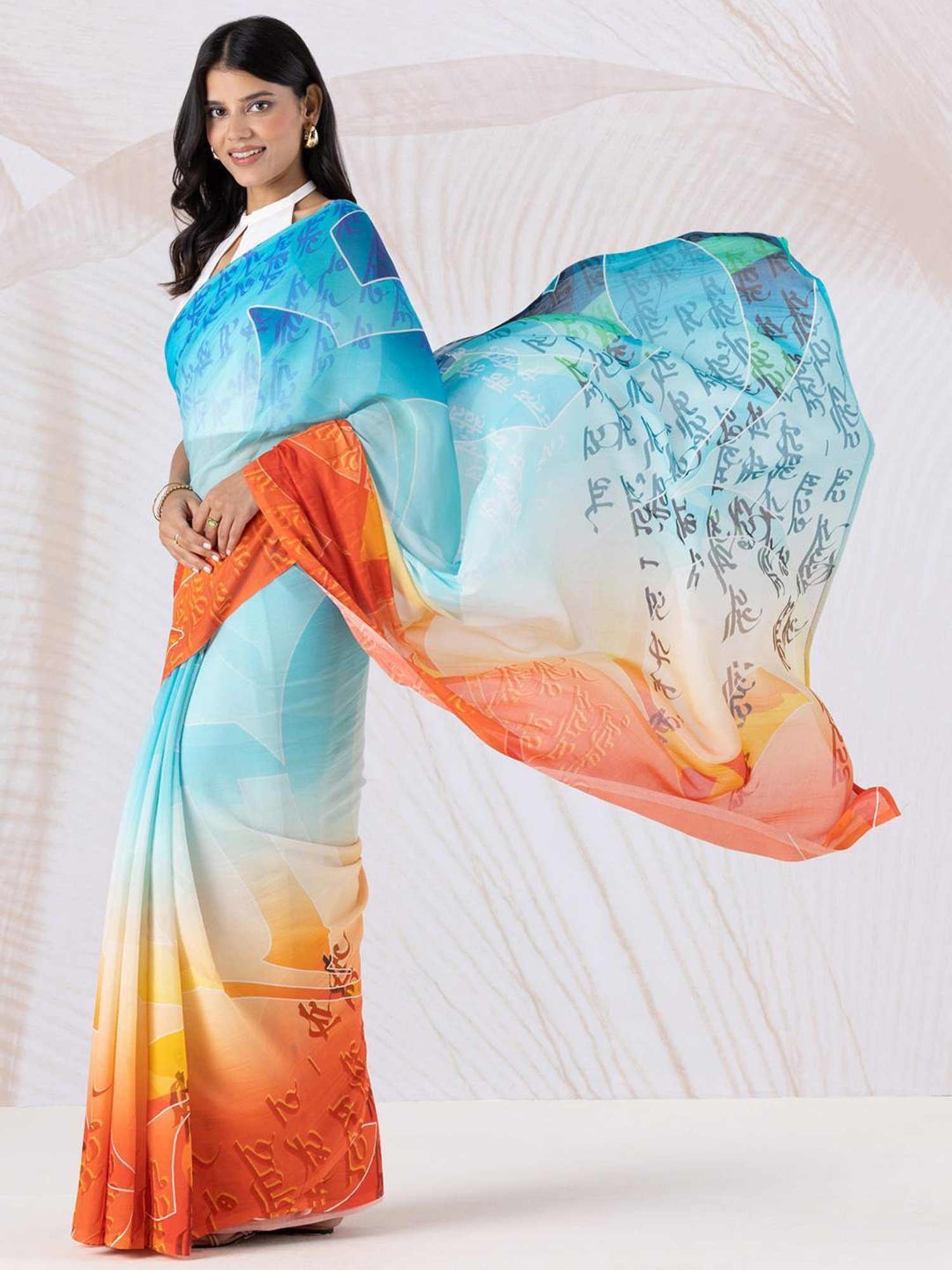 navyasa by liva Blue & Orange Printed Saree With Unstitched Blouse