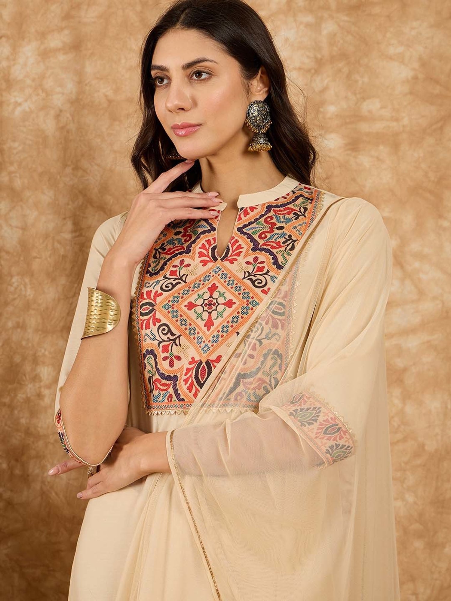 Ziyaa Beige Embroidered Kurta With Palazzo & Dupatta