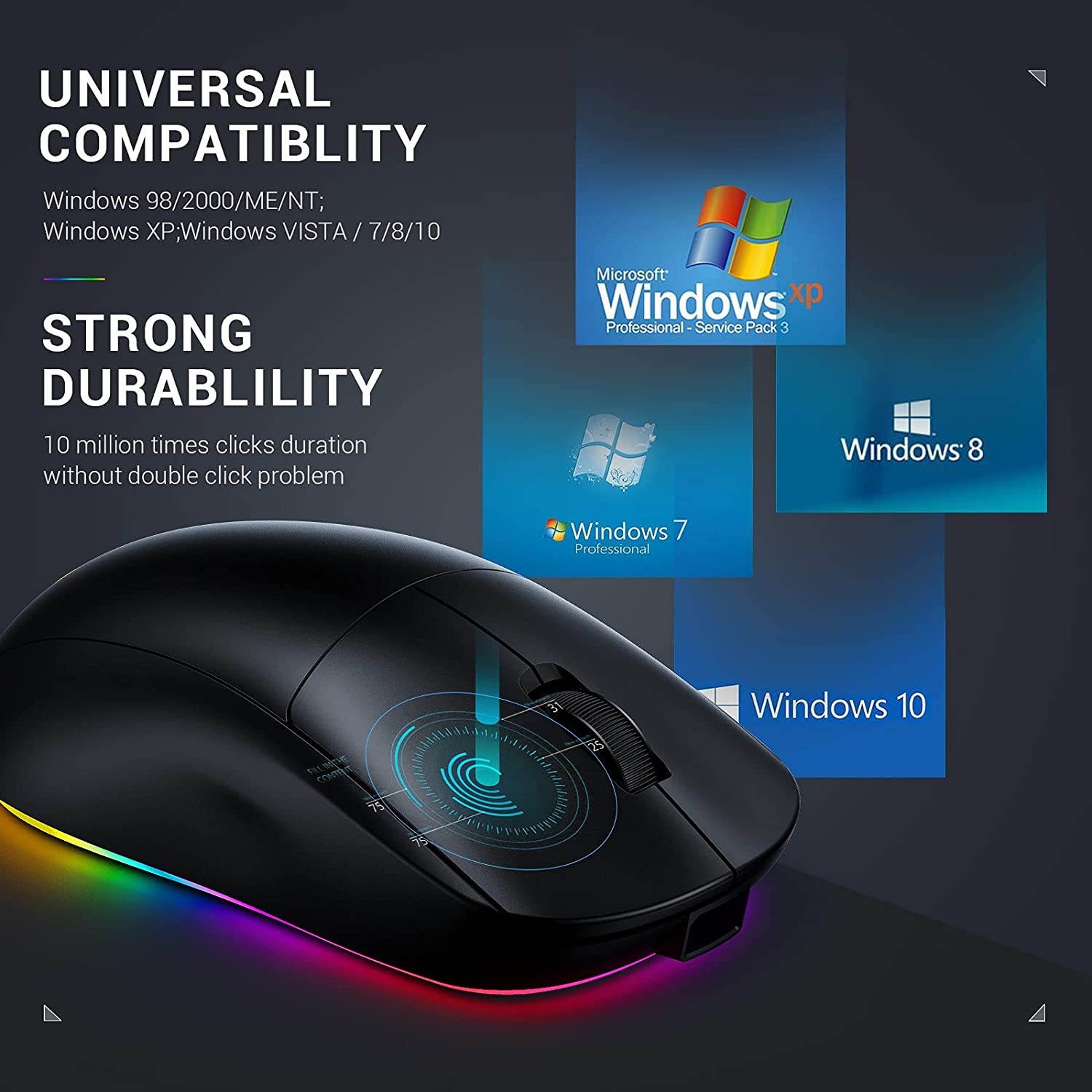 Jelly Comb Gaming Mouse Wired and 2.4G Wireless Dual-Mode RGB Backlit Mice Up to 10000 DPI Optical Sensorfor PC Computer Laptop Gaming Players (Black)