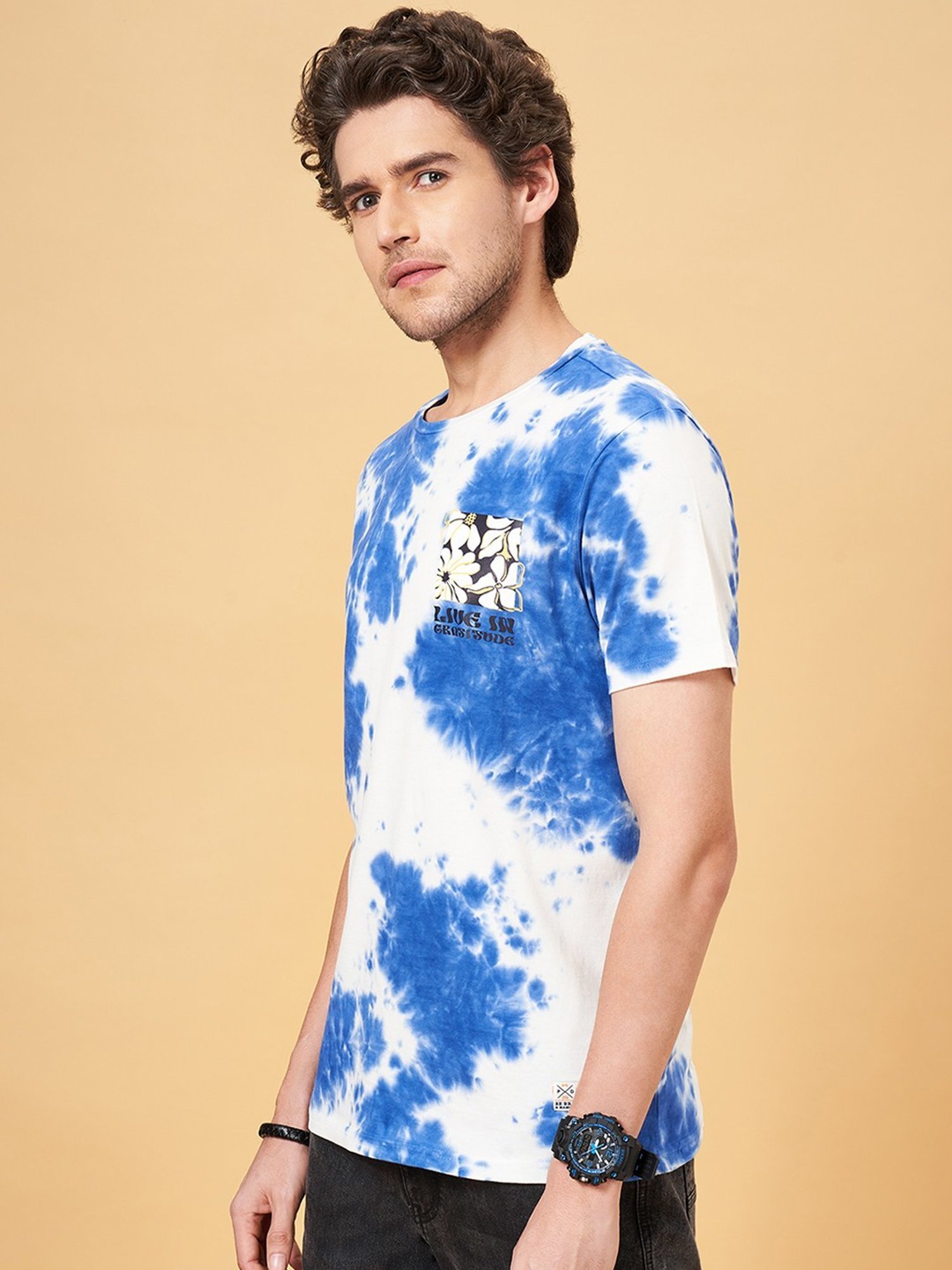 People by Pantaloons Olympian Blue Cotton Slim Fit Printed T-Shirt