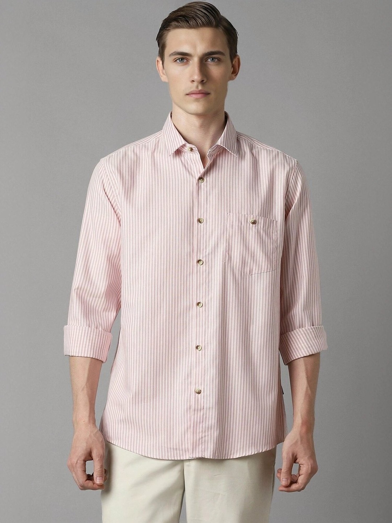 Louis Philippe Pink Cotton Slim Fit Striped Shirt