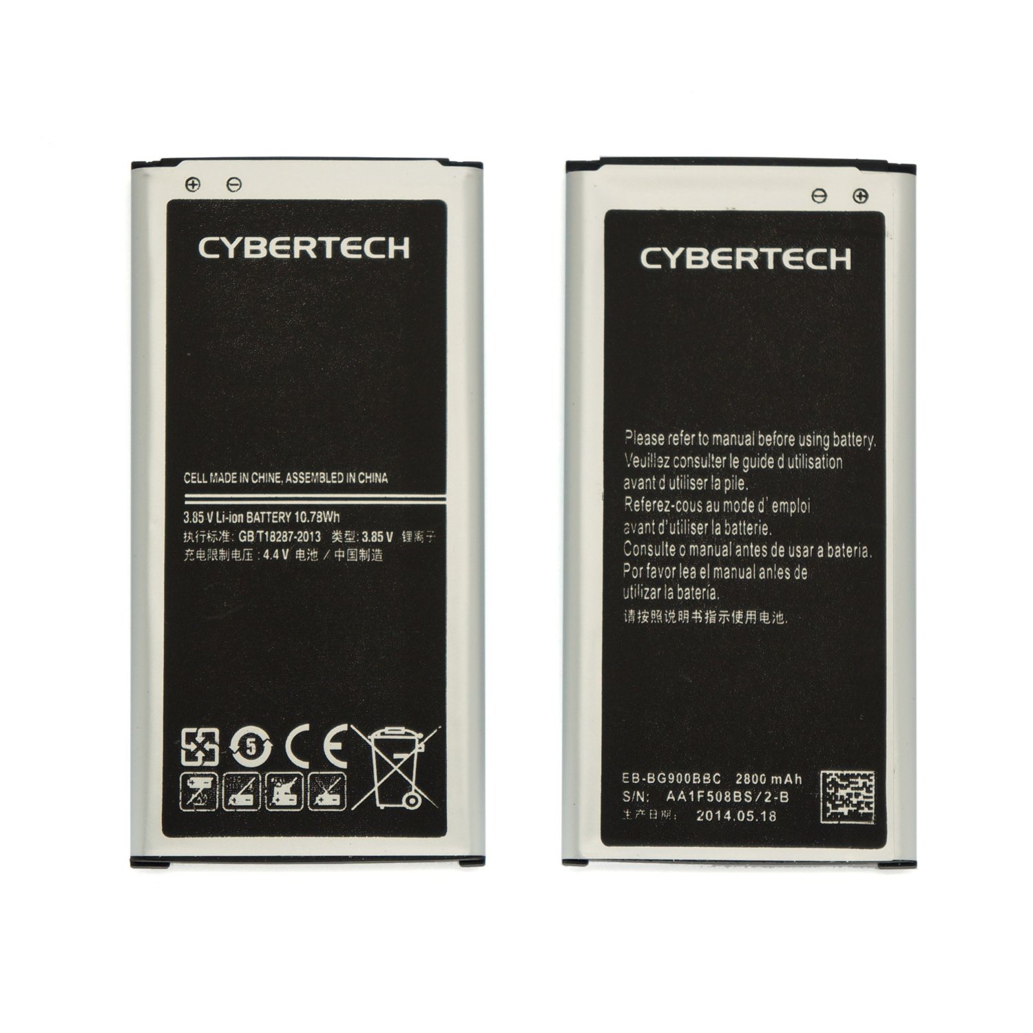 CyberTech 2X (QTY:2) High Capacity Replacement Battery 2800mAh with Wall Charger for Samsung Galaxy S5 i9600 AT&T T-Mobile Sprint Verizon