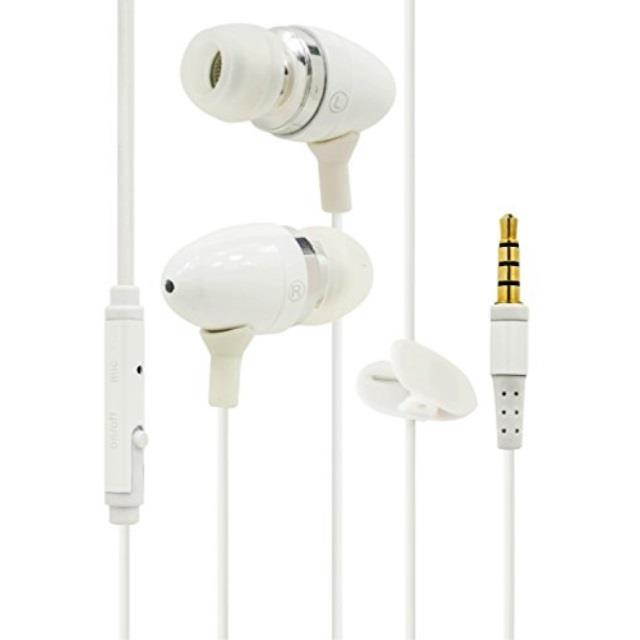 bastex universal earphone/ear buds 3.5mm plug bass stereo headphones inear tangle free cable with mic on off switch an clip for iphone ipod ipad samsung android mp3 mp4 and more  white