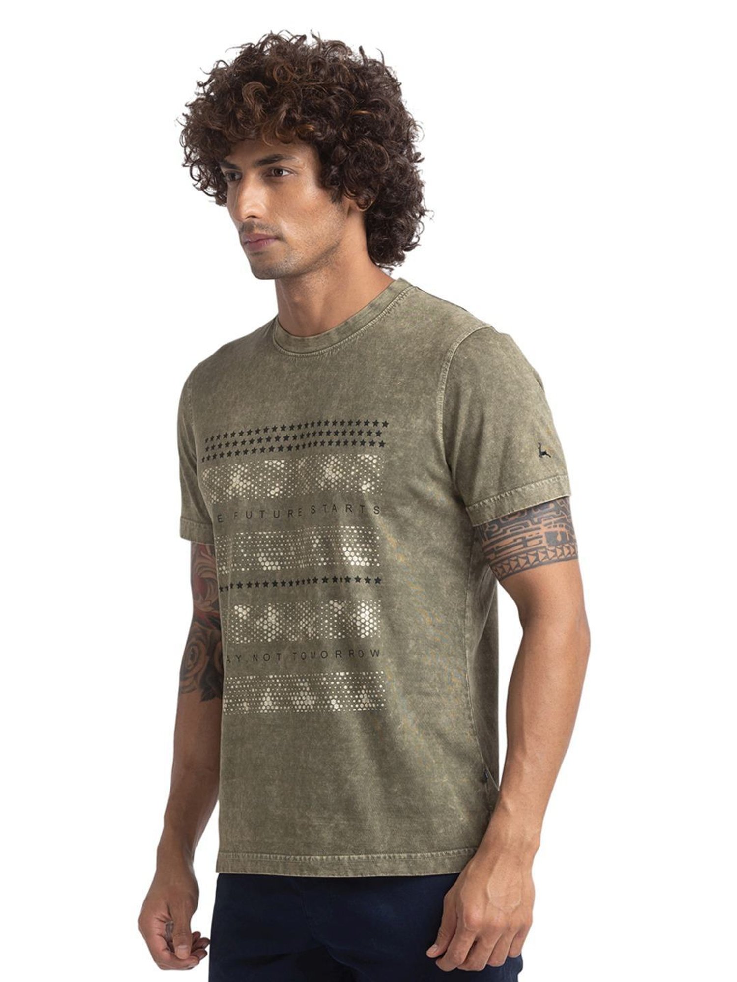 Parx Green Cotton Regular Fit Printed T-Shirt