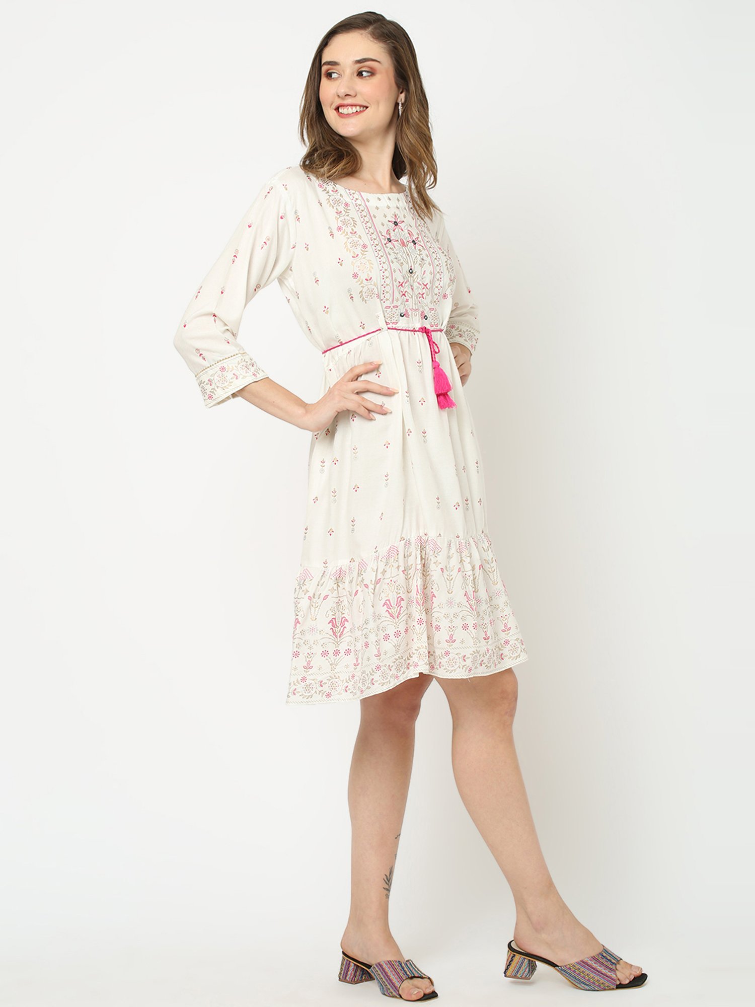 KIANA Off-White Printed A-Line Dress