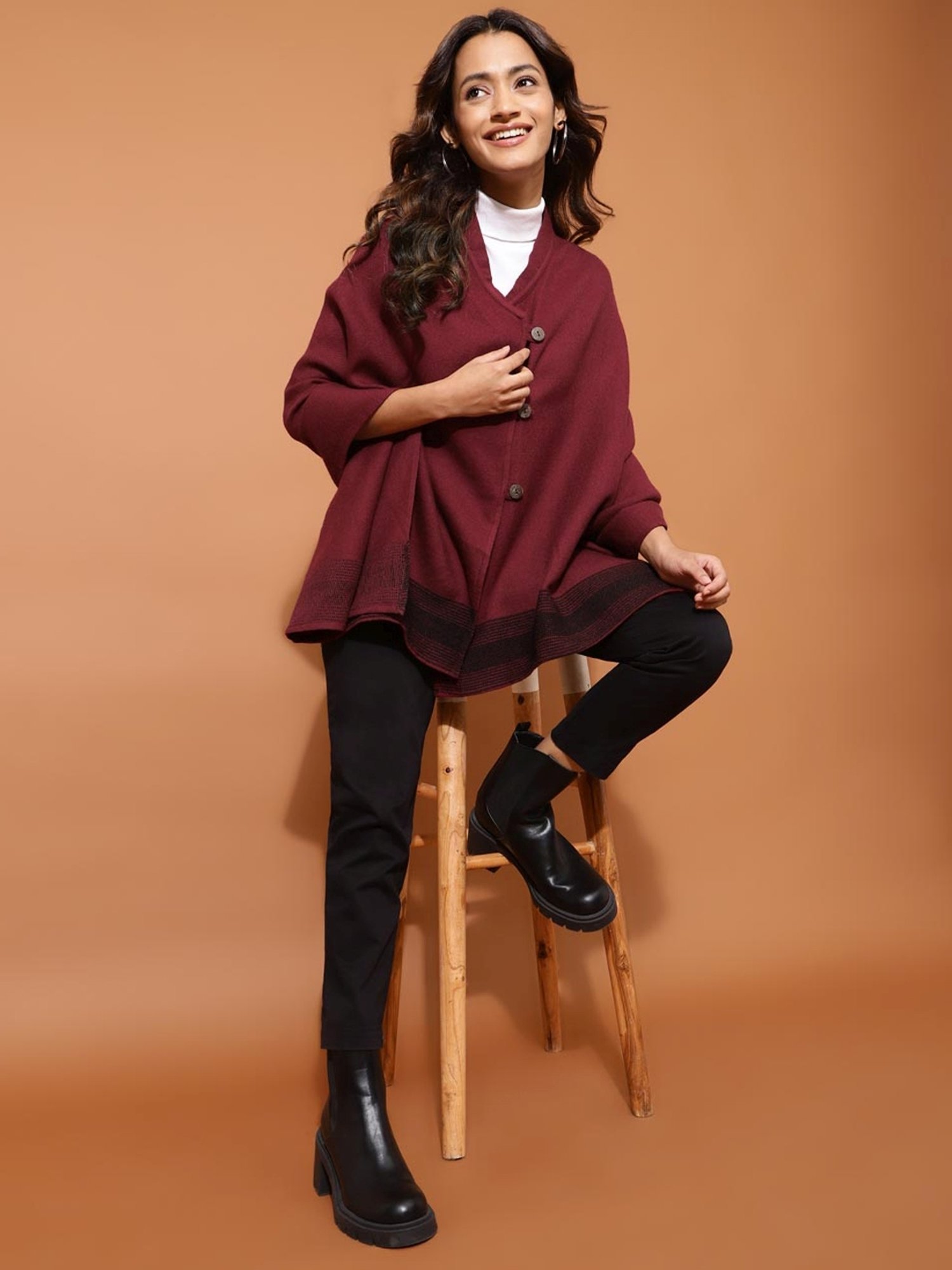 Fabindia Maroon Self Pattern Poncho