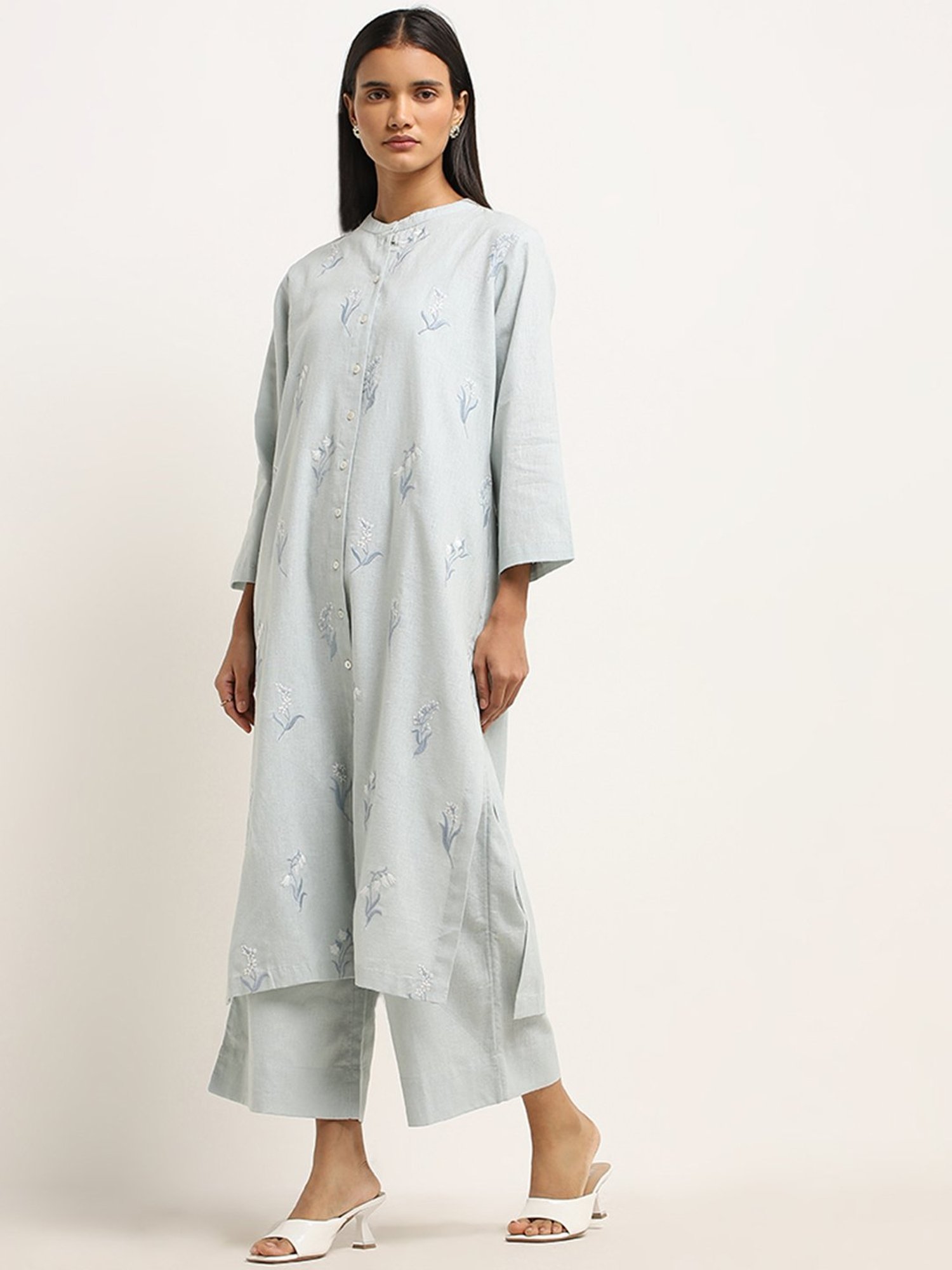Zuba by Westside Light Blue Mid-Rise Cotton Palazzos