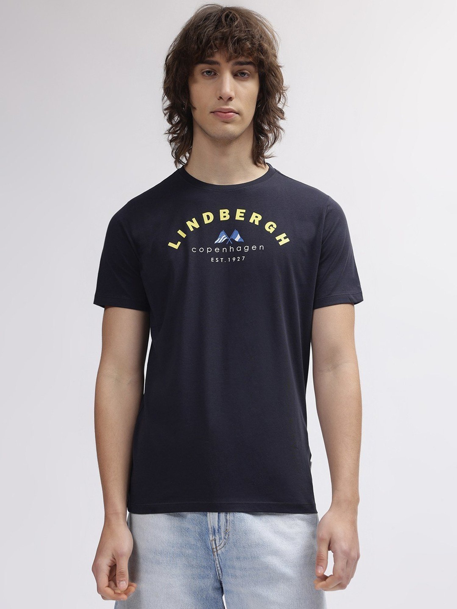 Lindbergh Blue Cotton Regular Fit Printed T-Shirt