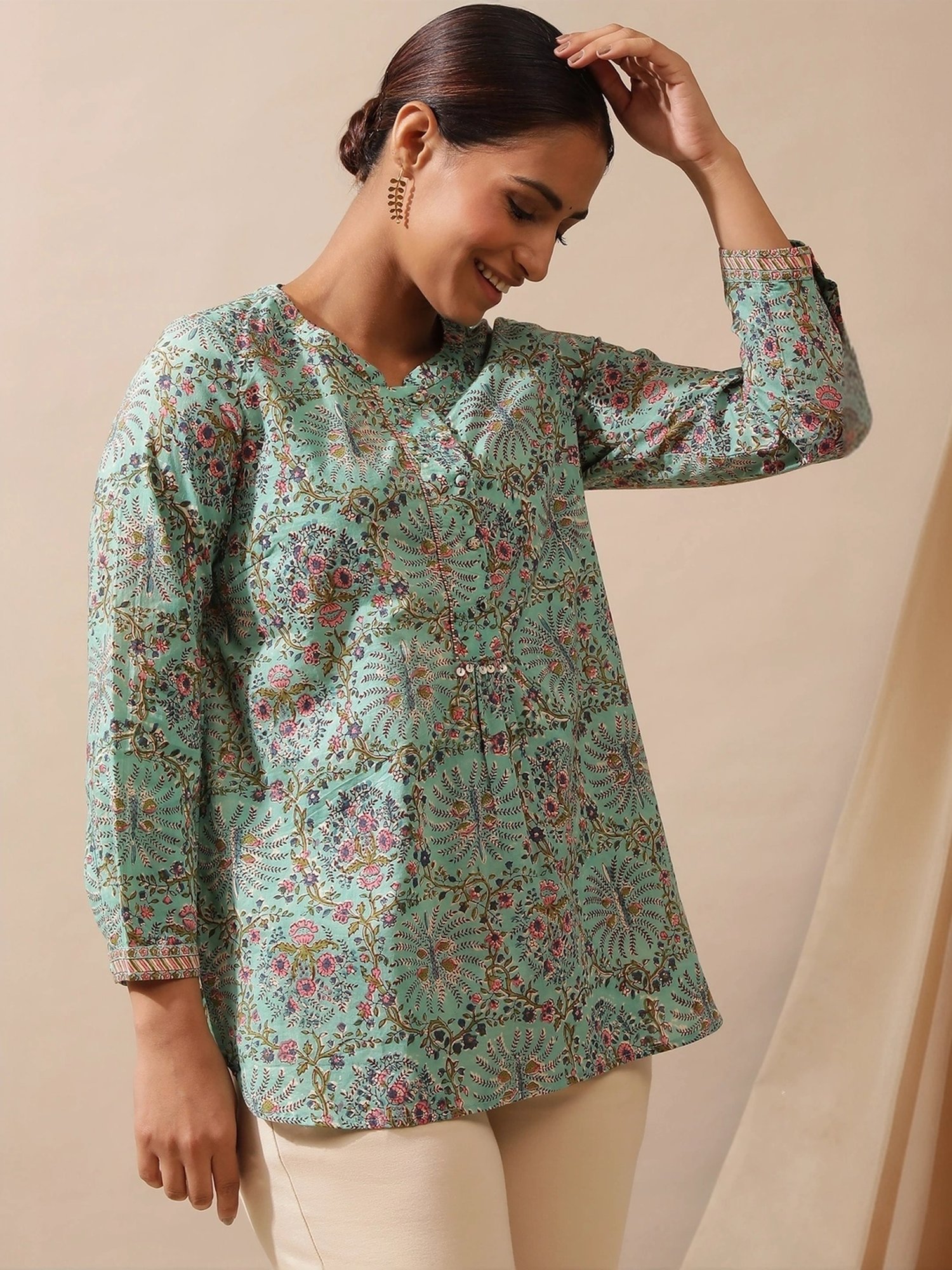 Folksong by W Mist Green Cotton Printed Top