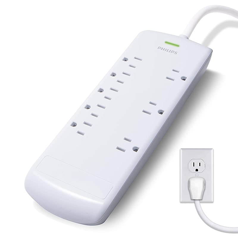8 Outlet Power Strip Surge Protector 8ft ExtraLong Power Cord Flat Plug Wall Mount 2160 Joules ETL Listed Circuit Breaker Automatic Shutdown White SPP3086WB37