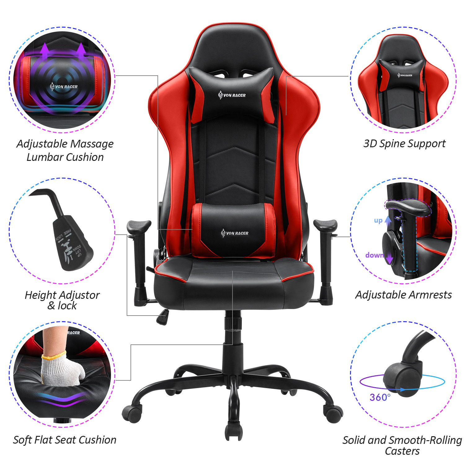 Gaming Chair, Racing Style Computer Desk Chair Padded Armrests Ergonomic Lumbar Support Adjustable Height