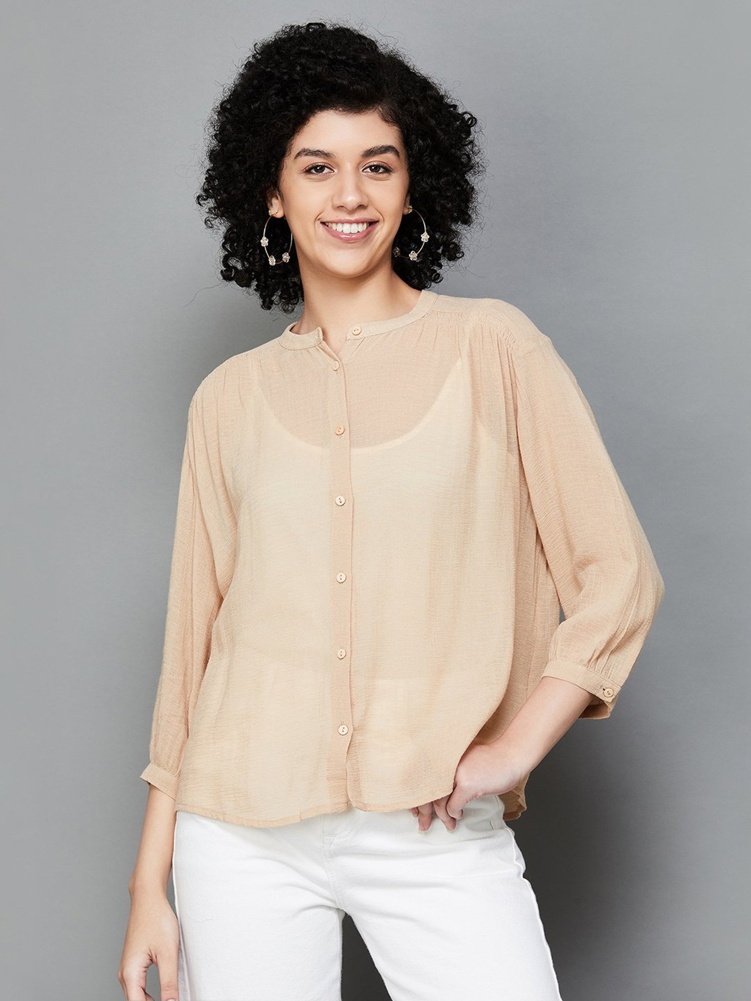 Fame Forever by Lifestyle Beige Cotton Regular Fit Top