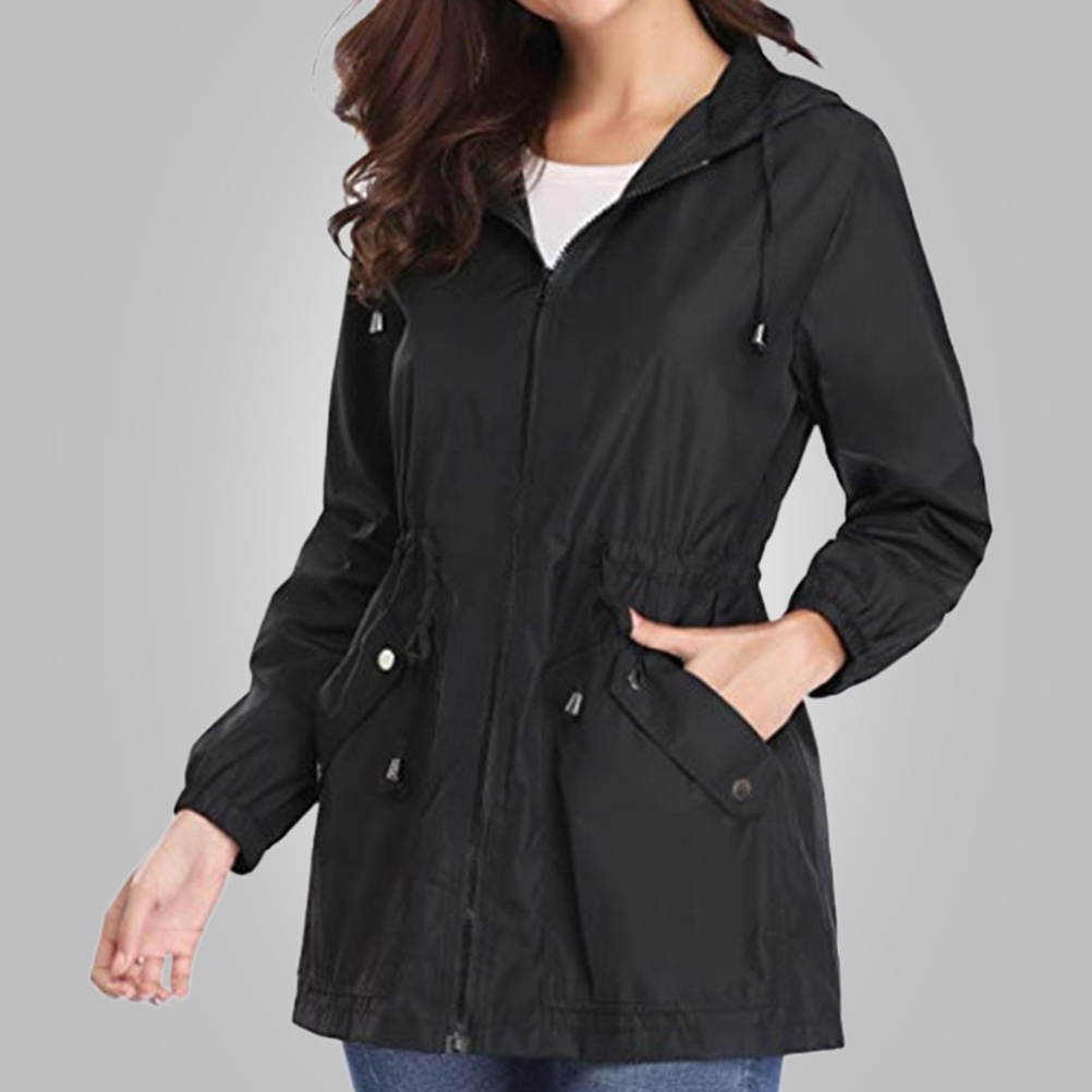 1pc Women Outdoor Hiking Waterproof Raincoat Spring Autumn Pocket Long Sleeve Casual Jackets with Zipper Outwear Coats for Girls Size S(Black)