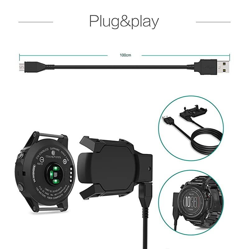 Charger Compatible with Garmin Fenix 3 Fenix 3 HR Fenix 3 Sapphire Quatix 3 Tactix Bravo Smartwatch USB Charging Cable Clip 100cm Fitness Tracker Accessories