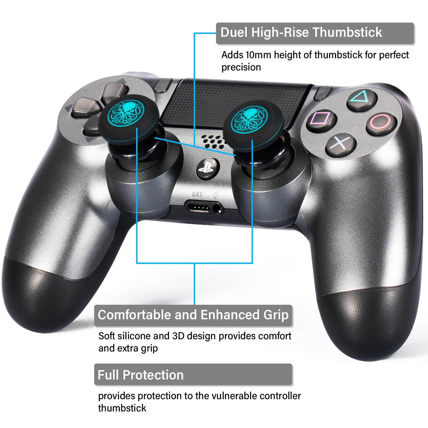 FPS Thumbstick Extender & Printing Rubber Silicone Grip Cover 2 Sets for PS5 Dualsenese & PS4 Controller (Cthulhu Abyss Blue)