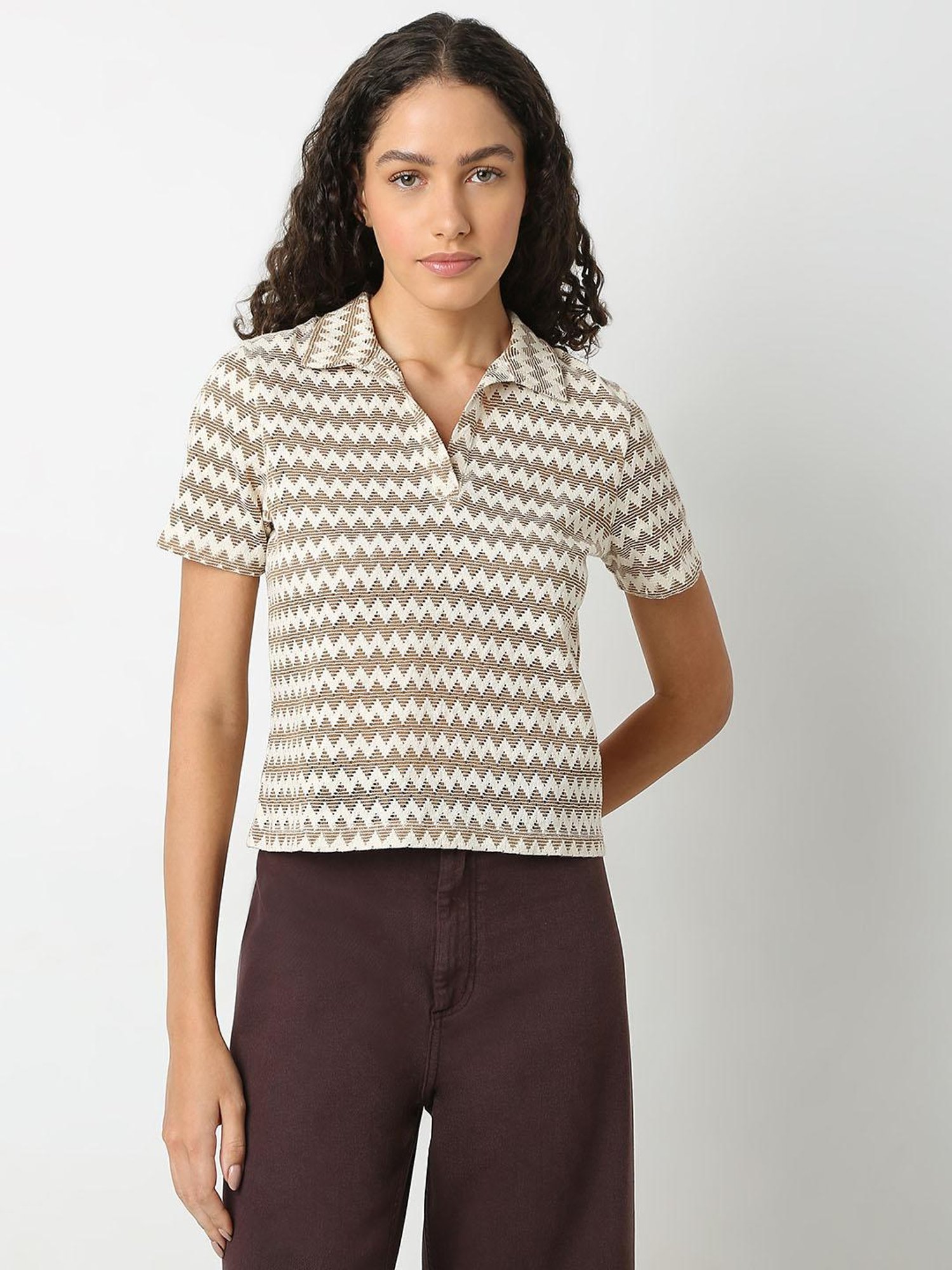 Vero Moda Brown & White Cotton Self Design Polo T-Shirt