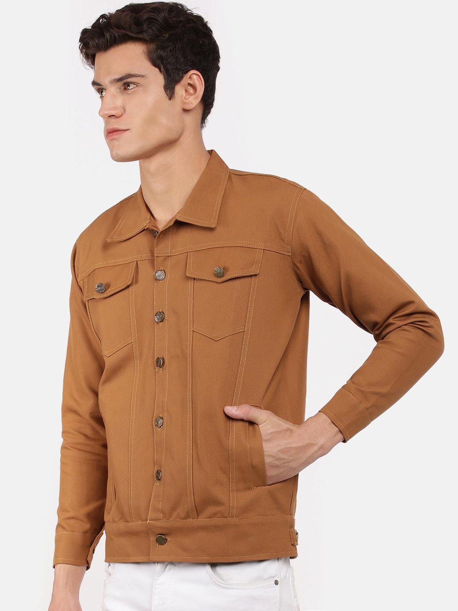 VOXATI Brown Full Sleeves Shirt Collar Denim Jacket