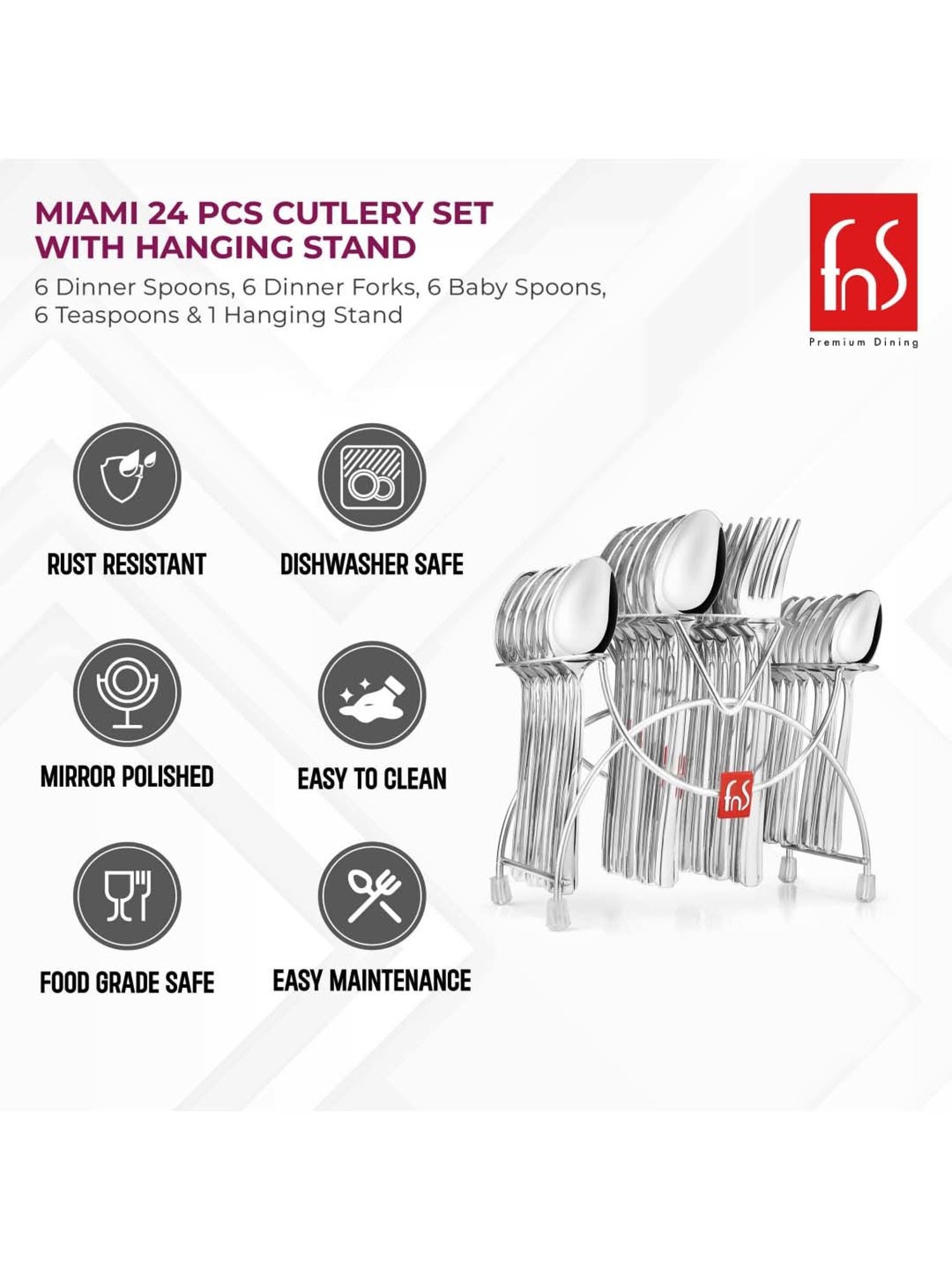 FnS Miami Silver Stainless Steel Cutlery - Set of 24
