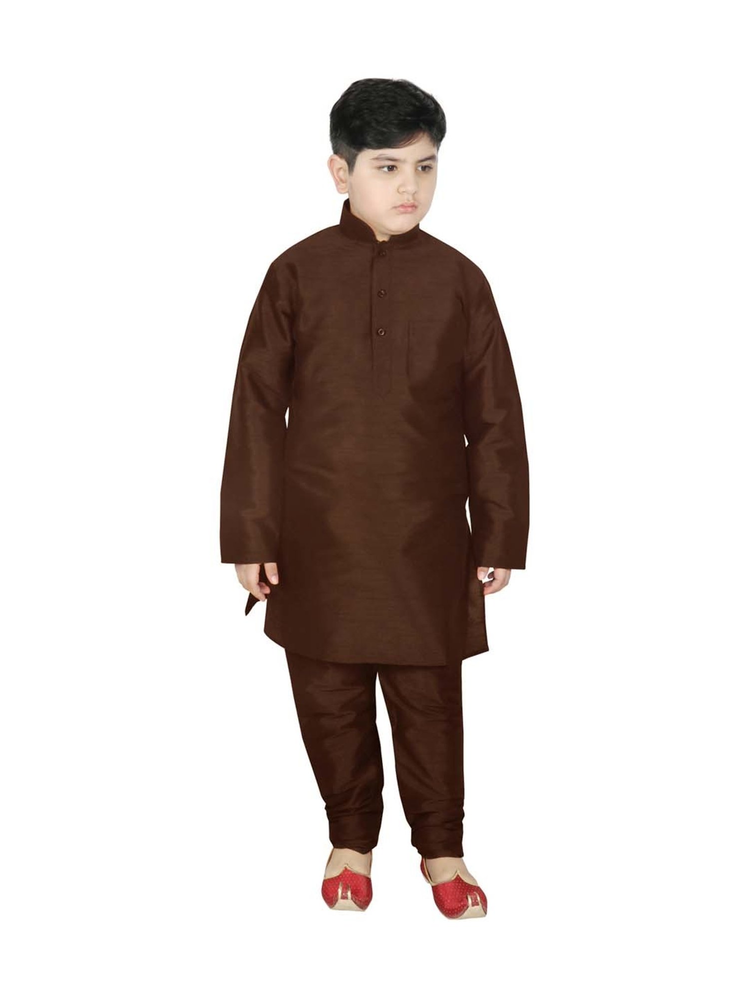 SG Yuvraj Kids Peach & Brown Textured Pattern Full Sleeves Kurta Set