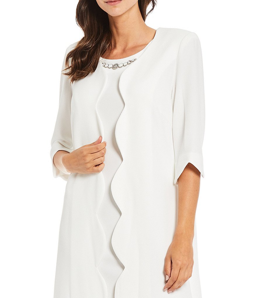 Le Bos Scallop Crepe Jewel Neck 3/4 Sleeve 2-Piece Jacket Dress