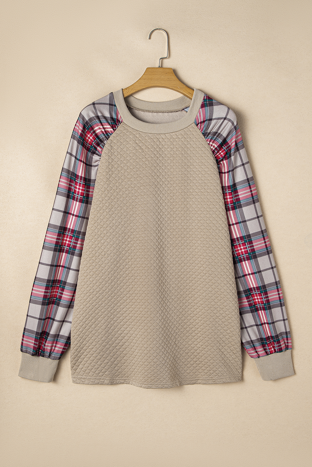 Apricot Plus Size Plaid Raglan Sleeve Crew Neck Sweatshirt